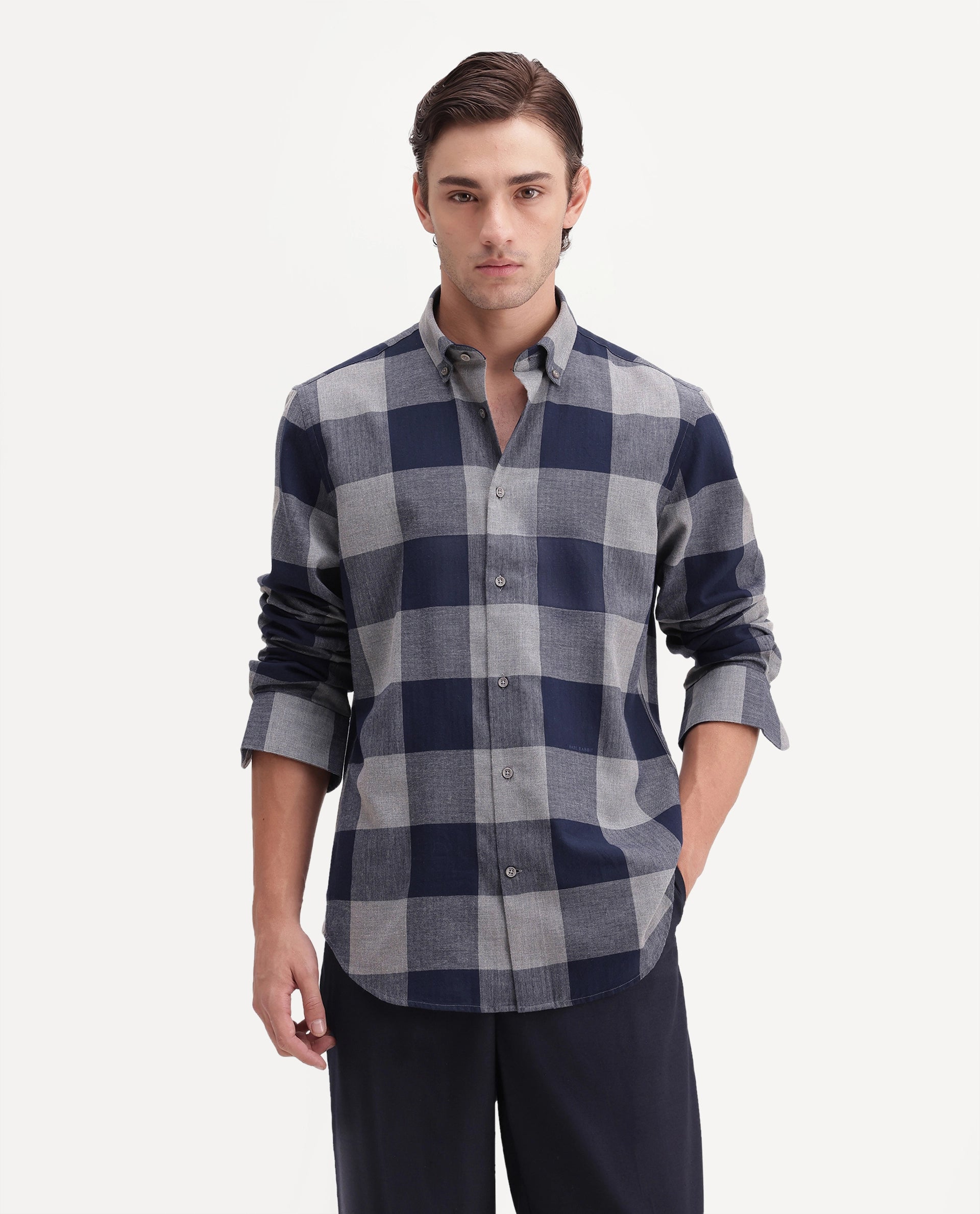 Rare Rabbit Men's Tenz Dark Blue Cotton Blend Spread Collar Regular Checks Shirt