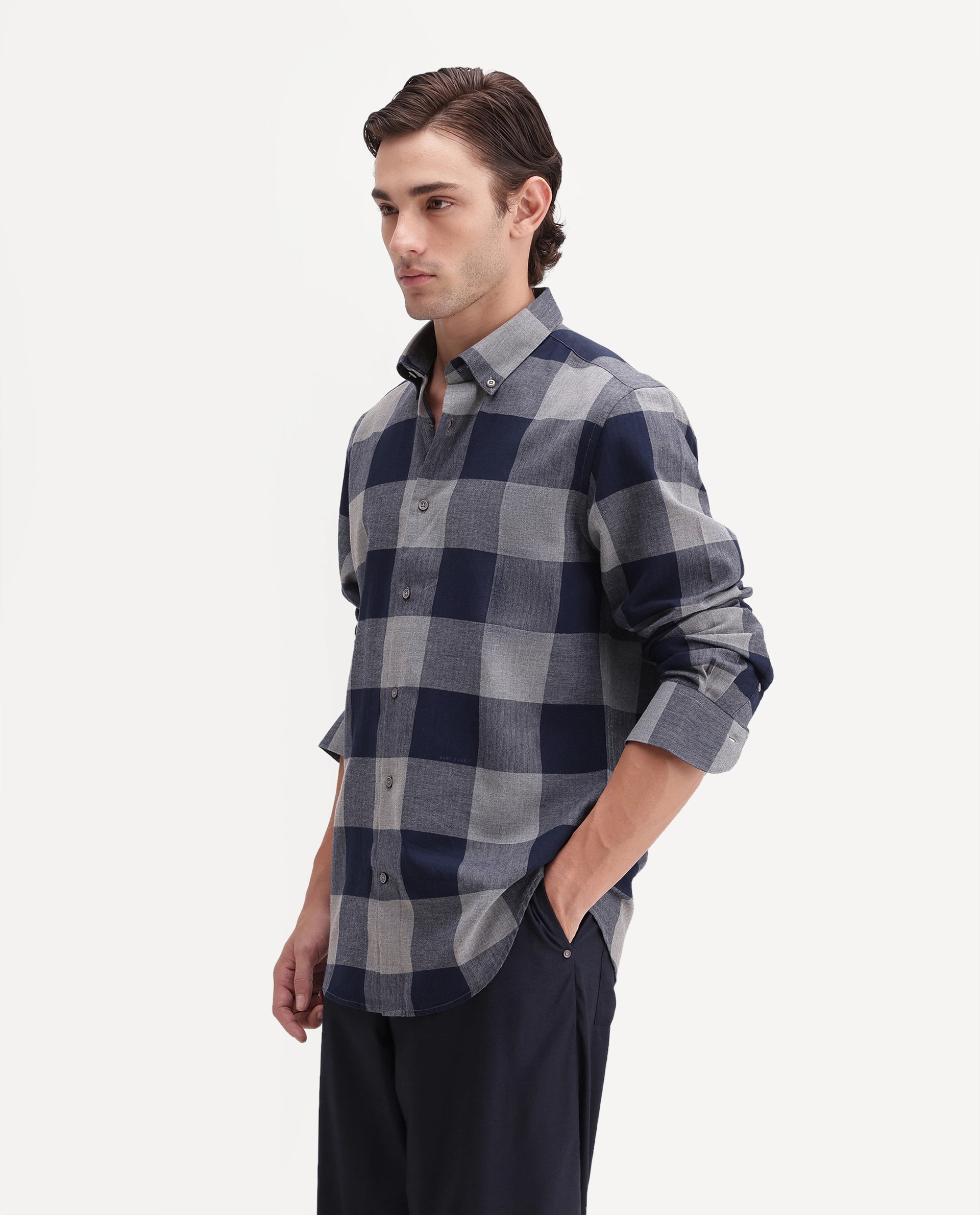 Rare Rabbit Men's Tenz Dark Blue Cotton Blend Spread Collar Regular Checks Shirt