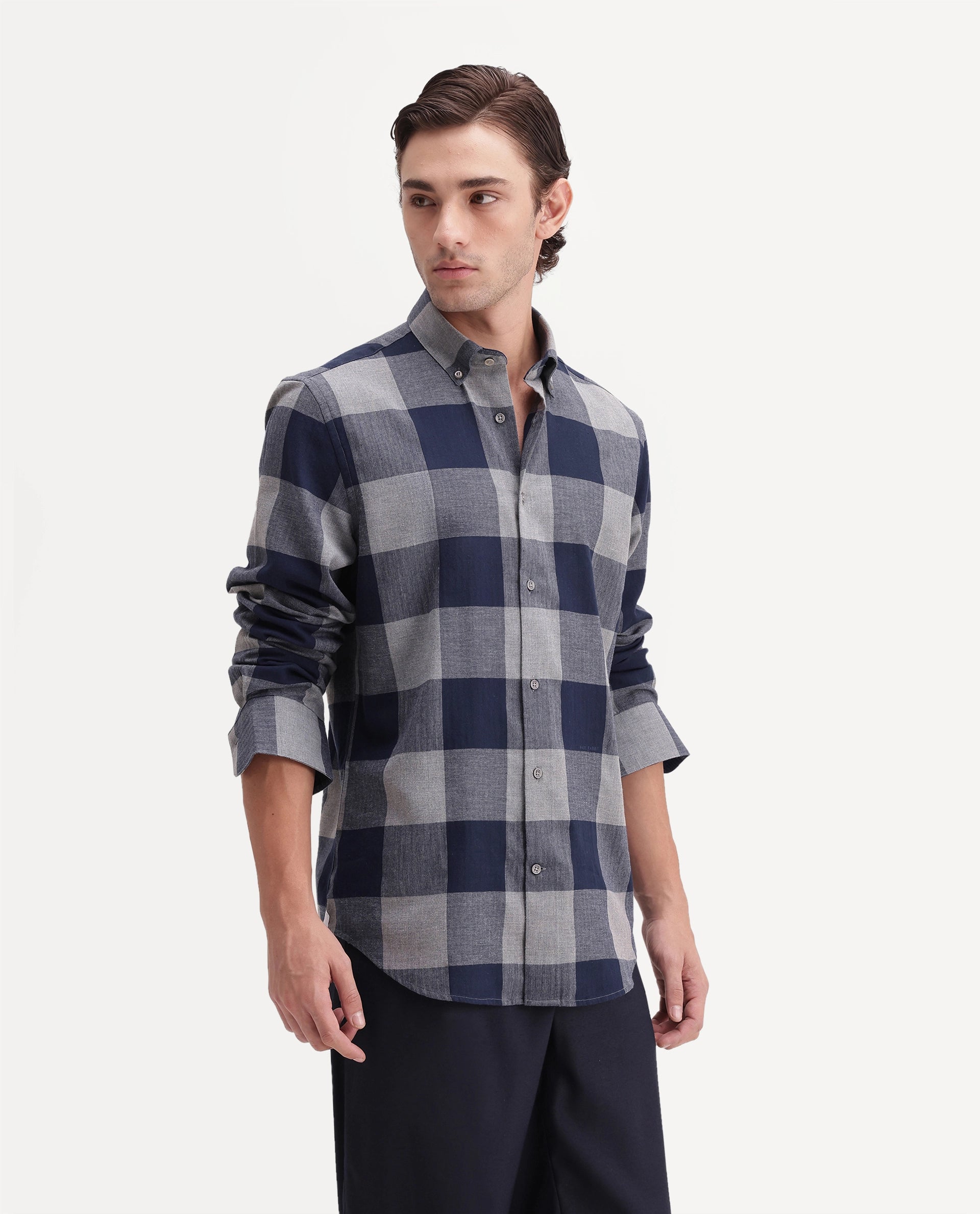 Rare Rabbit Men's Tenz Dark Blue Cotton Blend Spread Collar Regular Checks Shirt