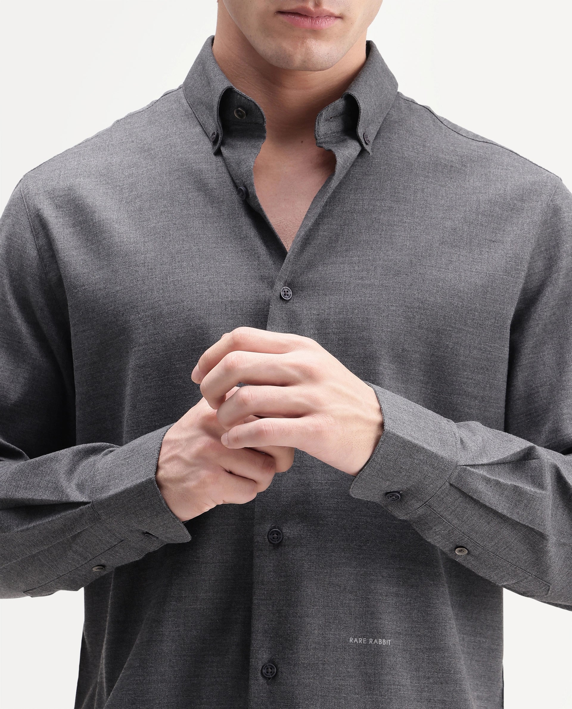 Rare Rabbit Men's Jonar Dark Grey Polyester Blend Spread Collar Regular Plain Shirt