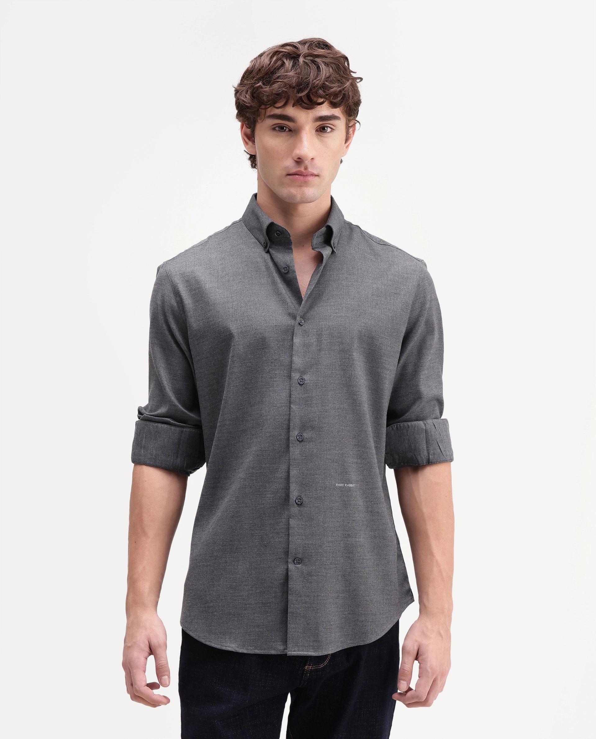Rare Rabbit Men's Jonar Dark Grey Polyester Blend Spread Collar Regular Plain Shirt