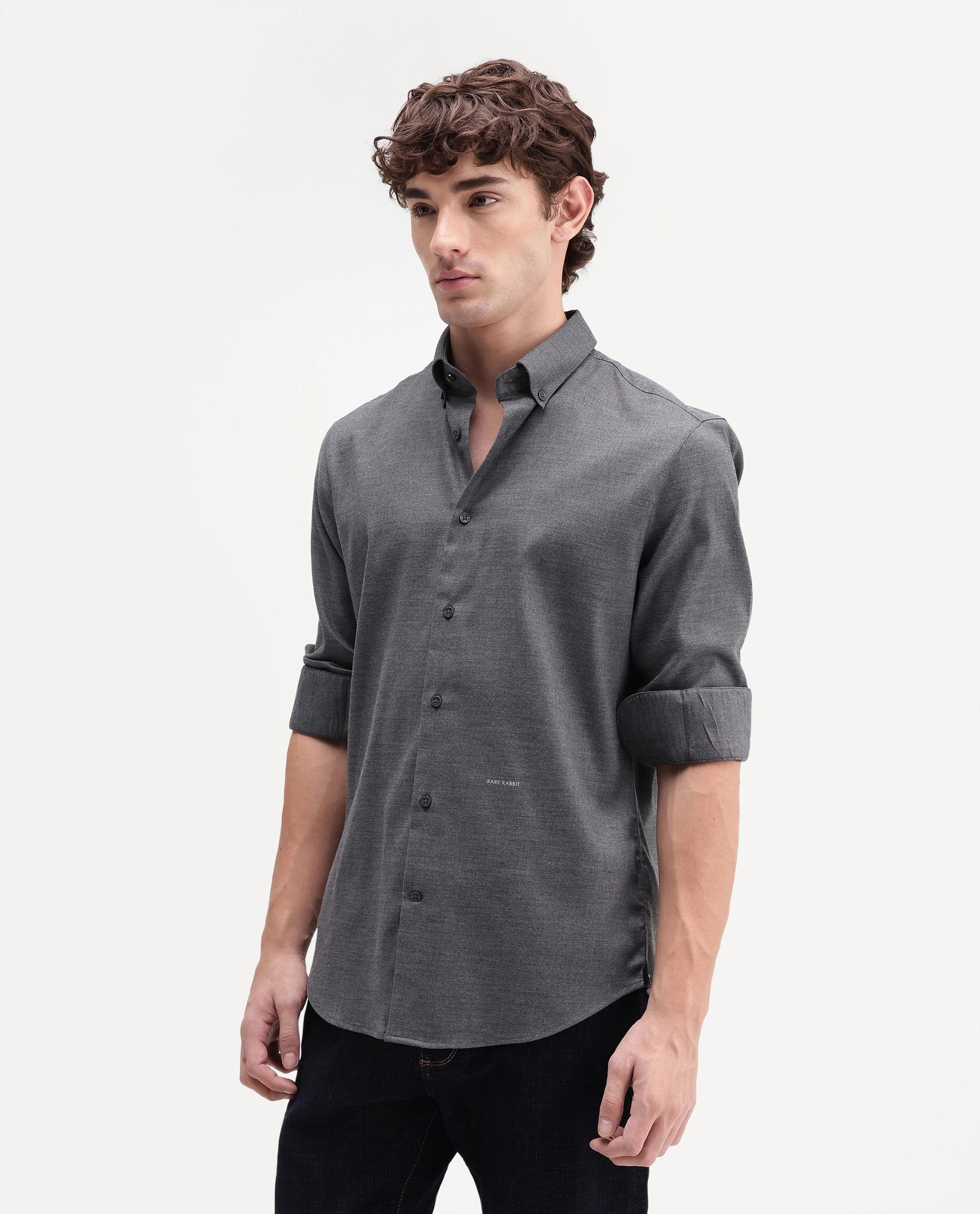 Rare Rabbit Men's Jonar Dark Grey Polyester Blend Spread Collar Regular Plain Shirt