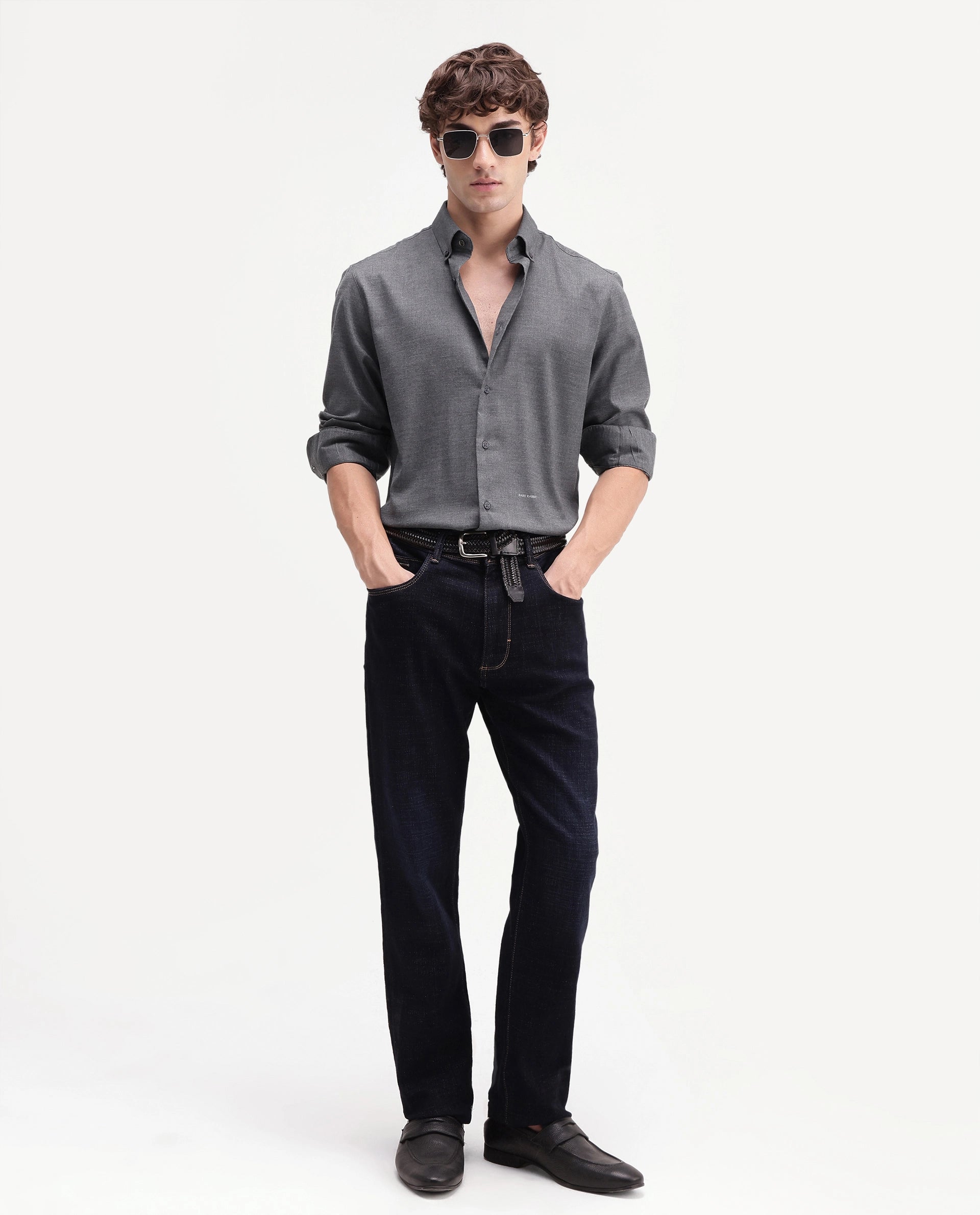 Rare Rabbit Men's Jonar Dark Grey Polyester Blend Spread Collar Regular Plain Shirt