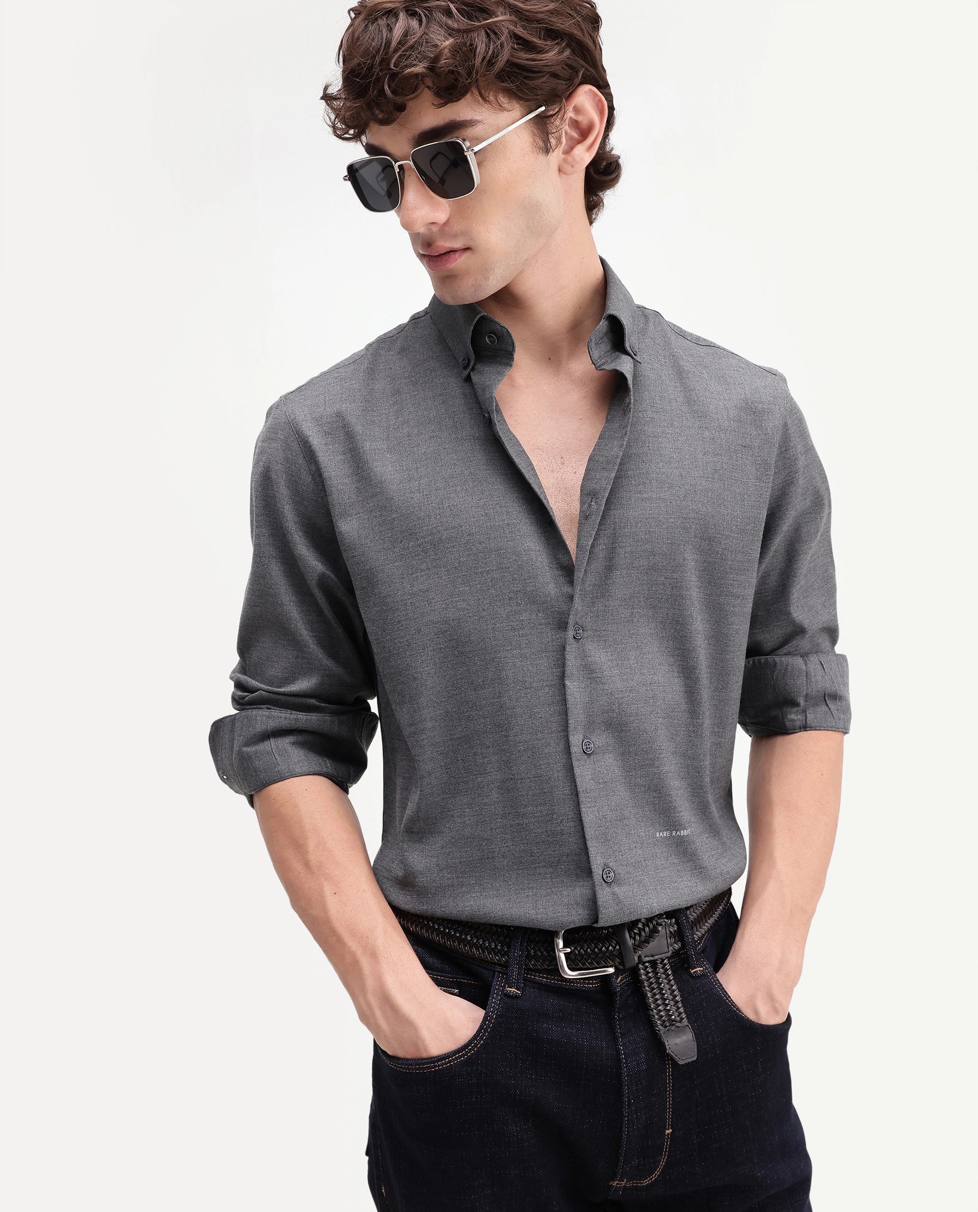 Rare Rabbit Men's Jonar Dark Grey Polyester Blend Spread Collar Regular Plain Shirt