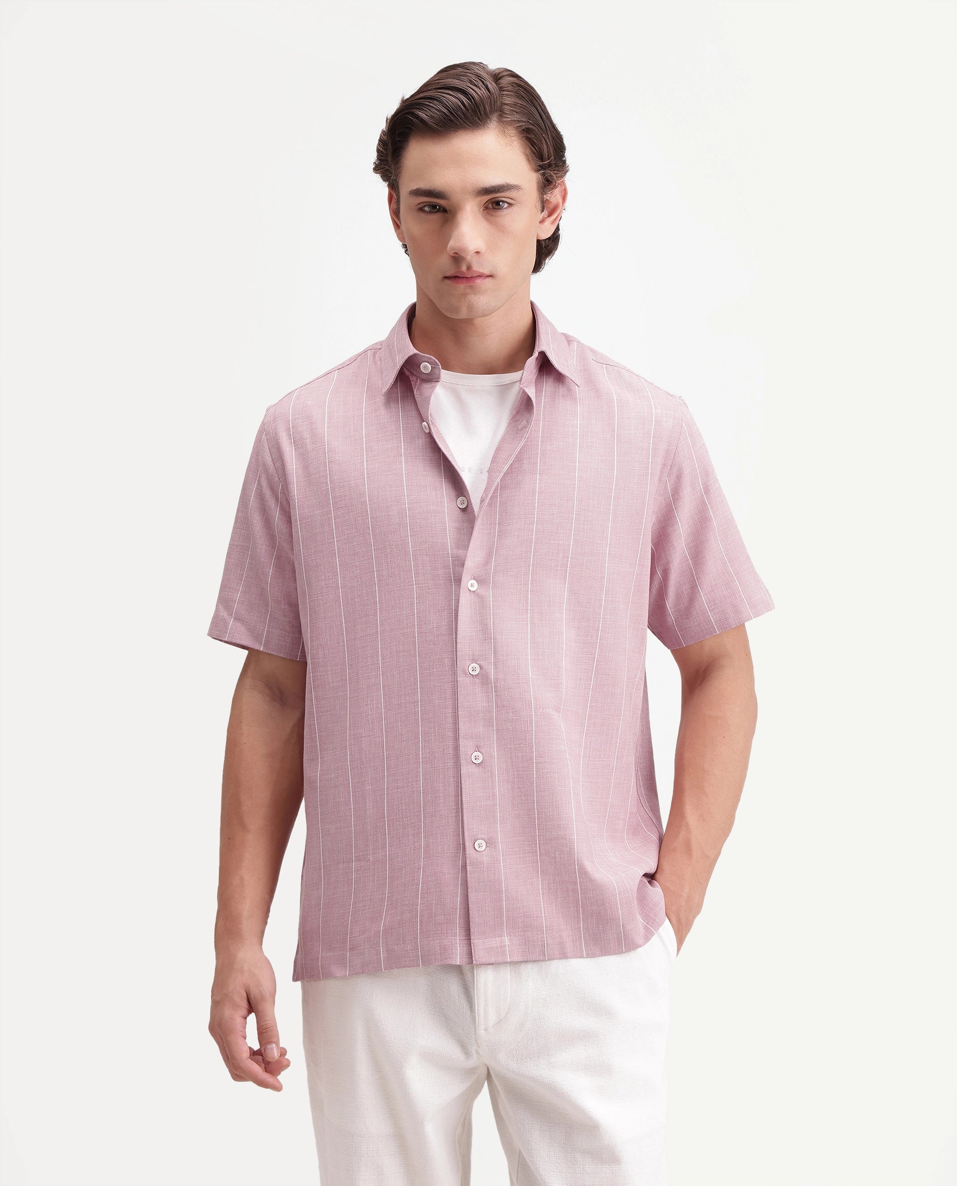 Rare Rabbit Men's Pedri Primary Pink Viscose Blend Spread Collar Regular Striped Shirt