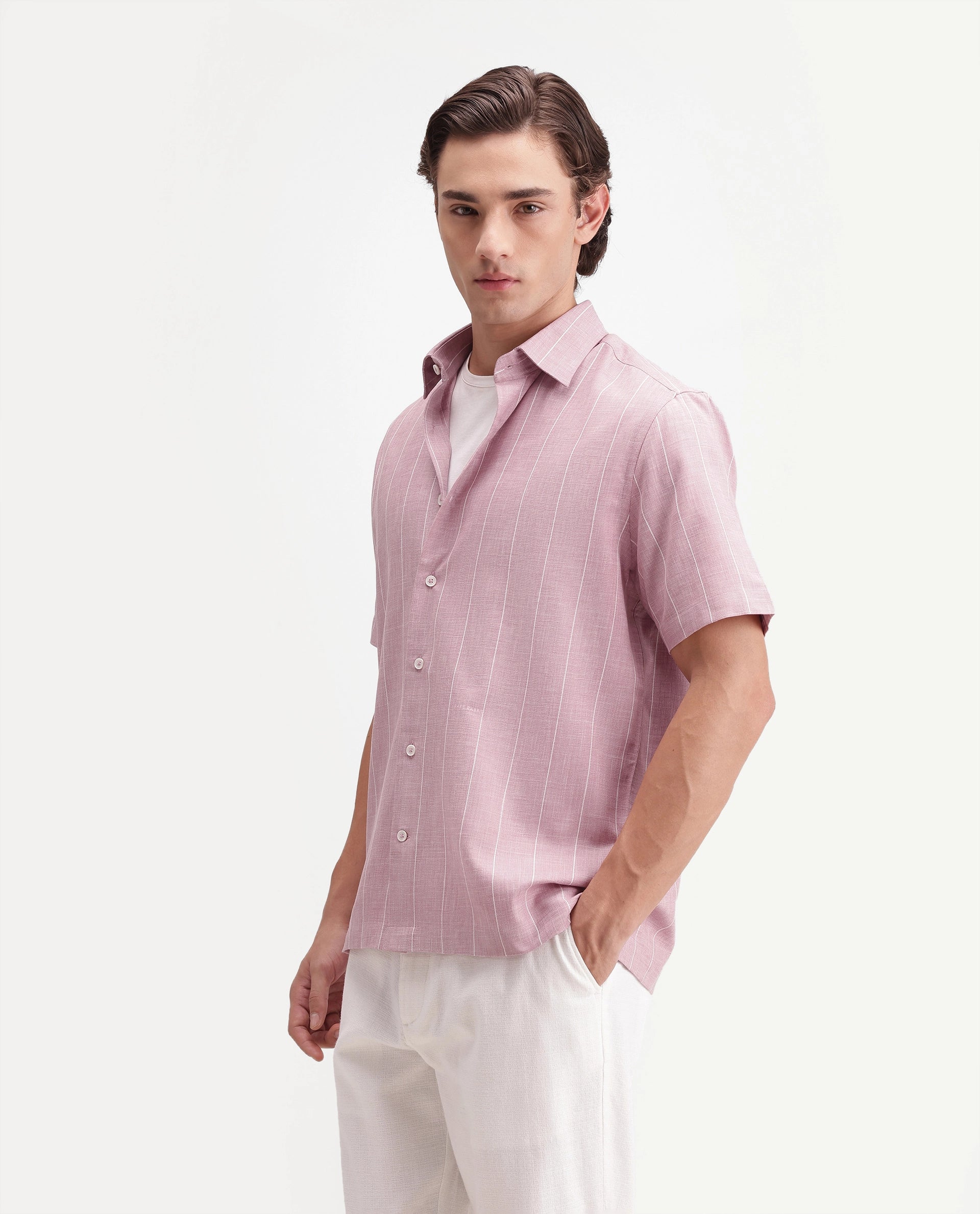 Rare Rabbit Men's Pedri Primary Pink Viscose Blend Spread Collar Regular Striped Shirt