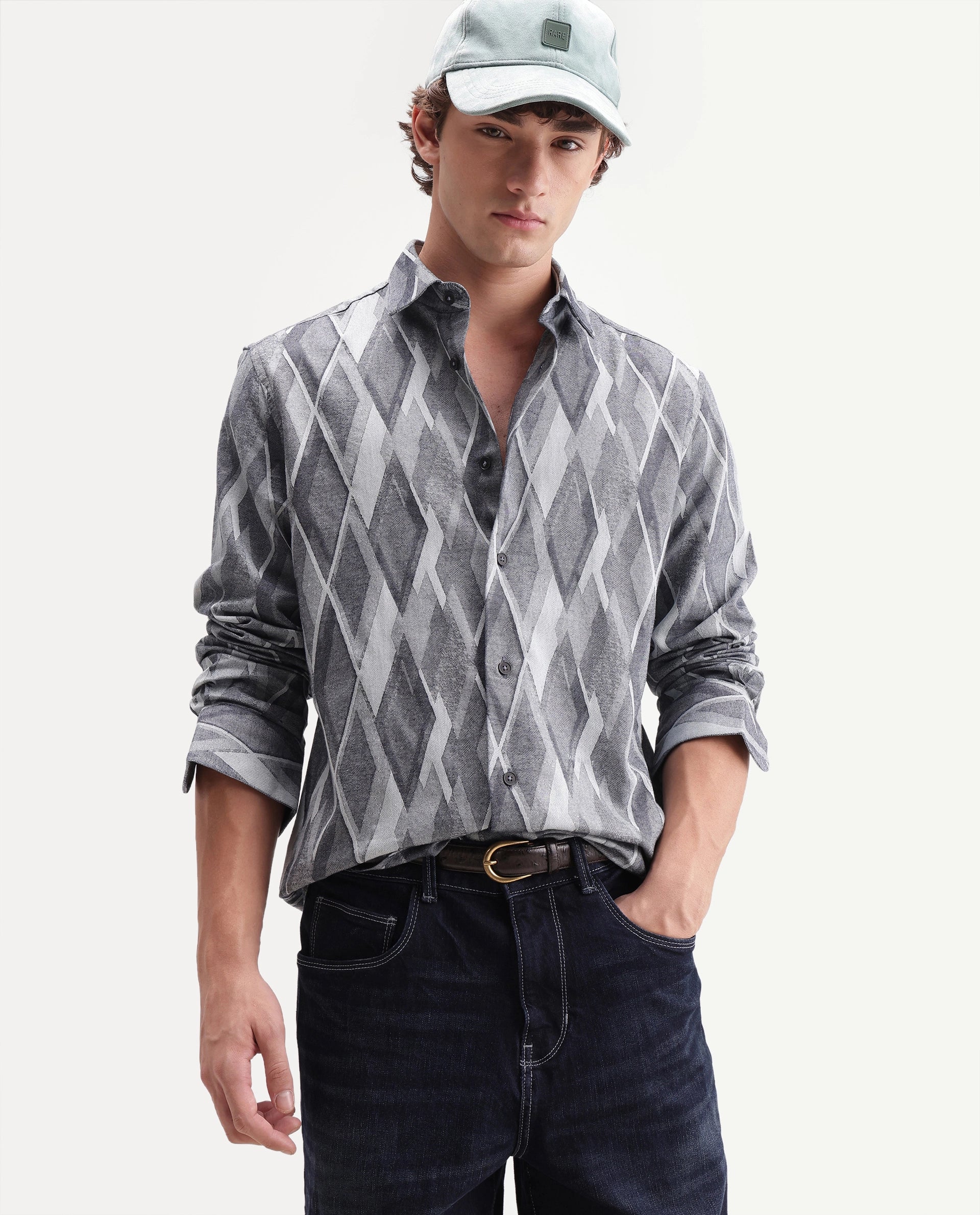 Rare Rabbit Men's Ivox Dark Grey Cotton Spread Collar Regular Geometric Jacquard Shirt