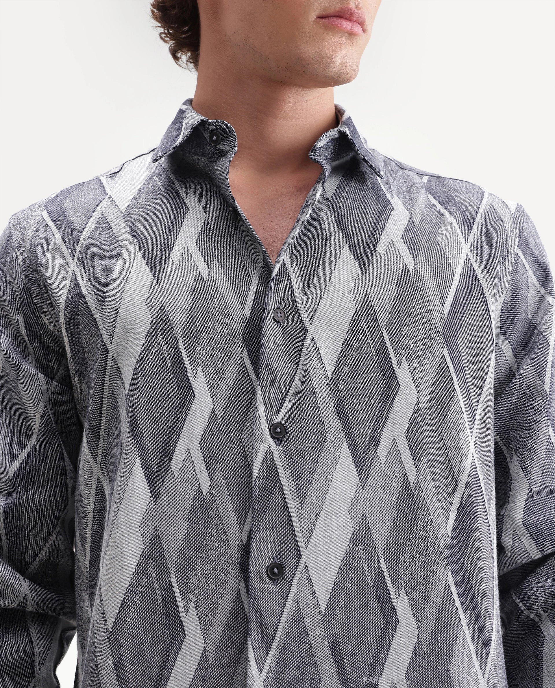 Rare Rabbit Men's Ivox Dark Grey Cotton Spread Collar Regular Geometric Jacquard Shirt