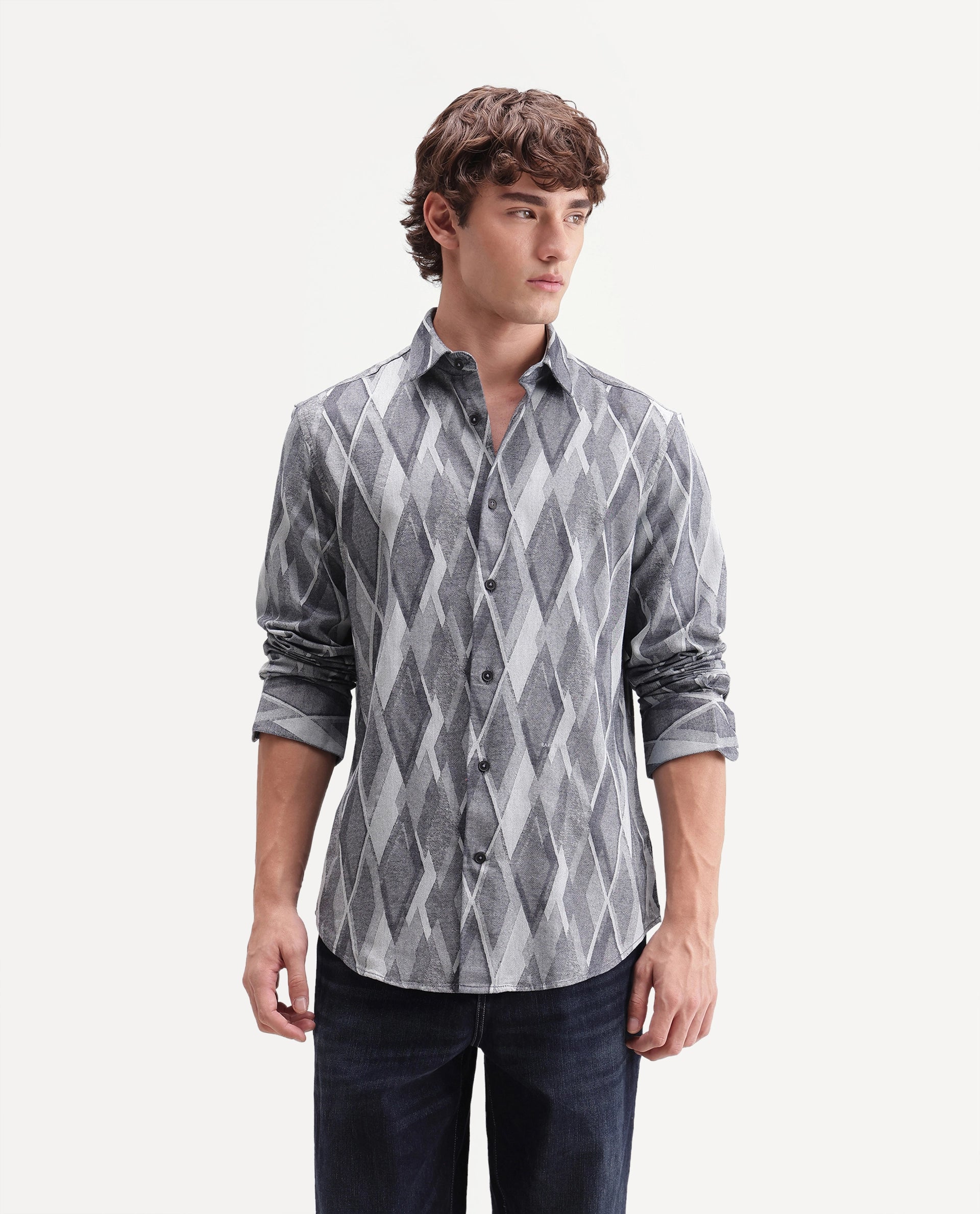 Rare Rabbit Men's Ivox Dark Grey Cotton Spread Collar Regular Geometric Jacquard Shirt
