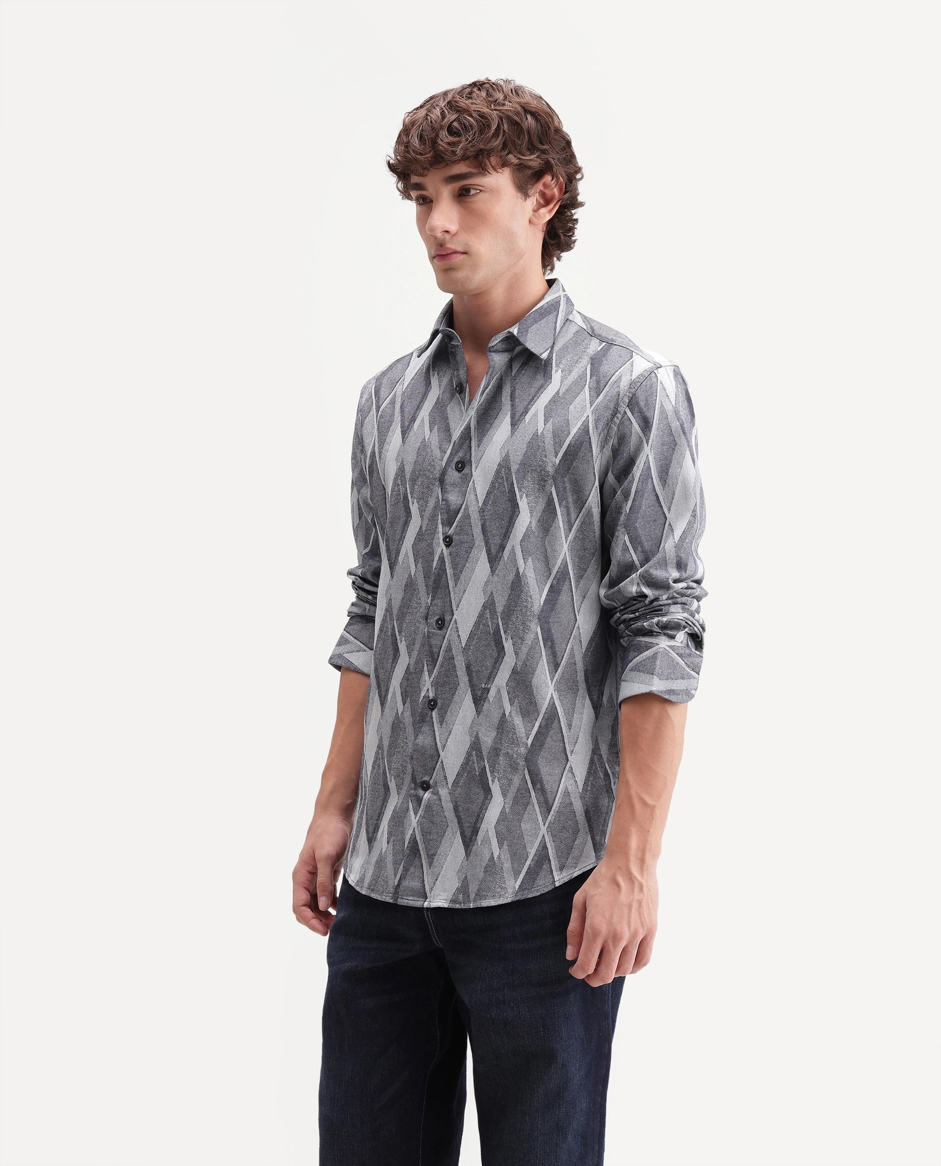 Rare Rabbit Men's Ivox Dark Grey Cotton Spread Collar Regular Geometric Jacquard Shirt