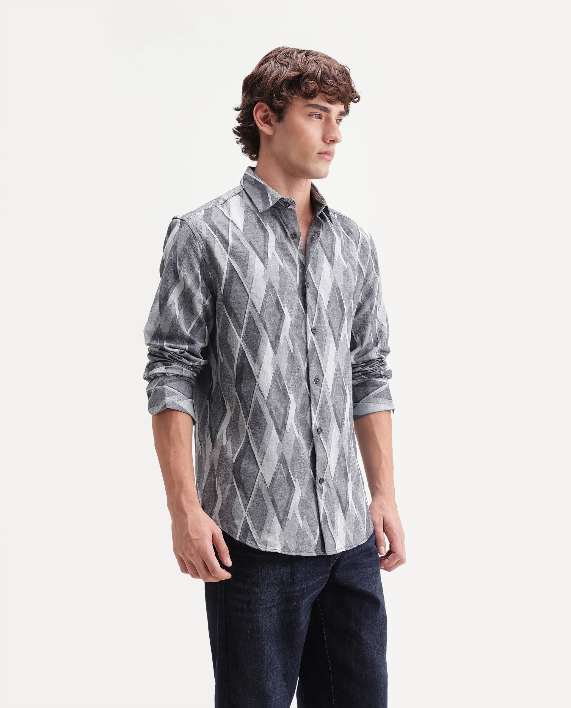 Rare Rabbit Men's Ivox Dark Grey Cotton Spread Collar Regular Geometric Jacquard Shirt