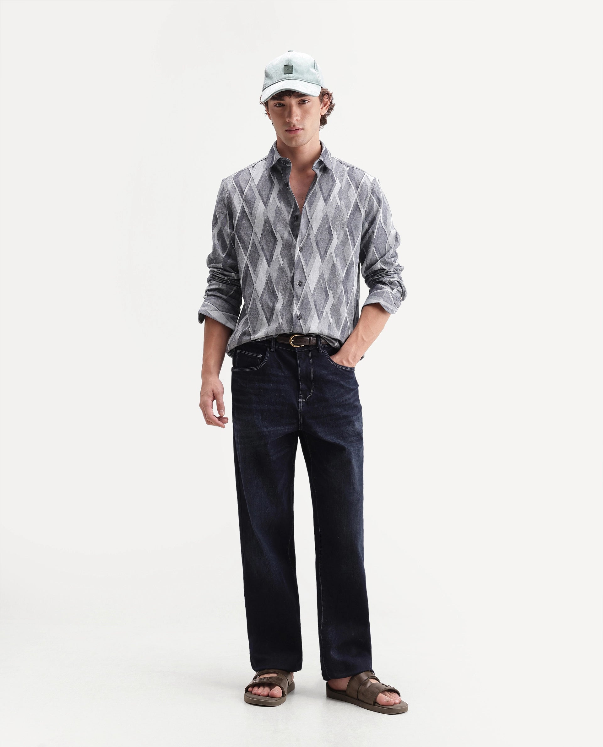 Rare Rabbit Men's Ivox Dark Grey Cotton Spread Collar Regular Geometric Jacquard Shirt
