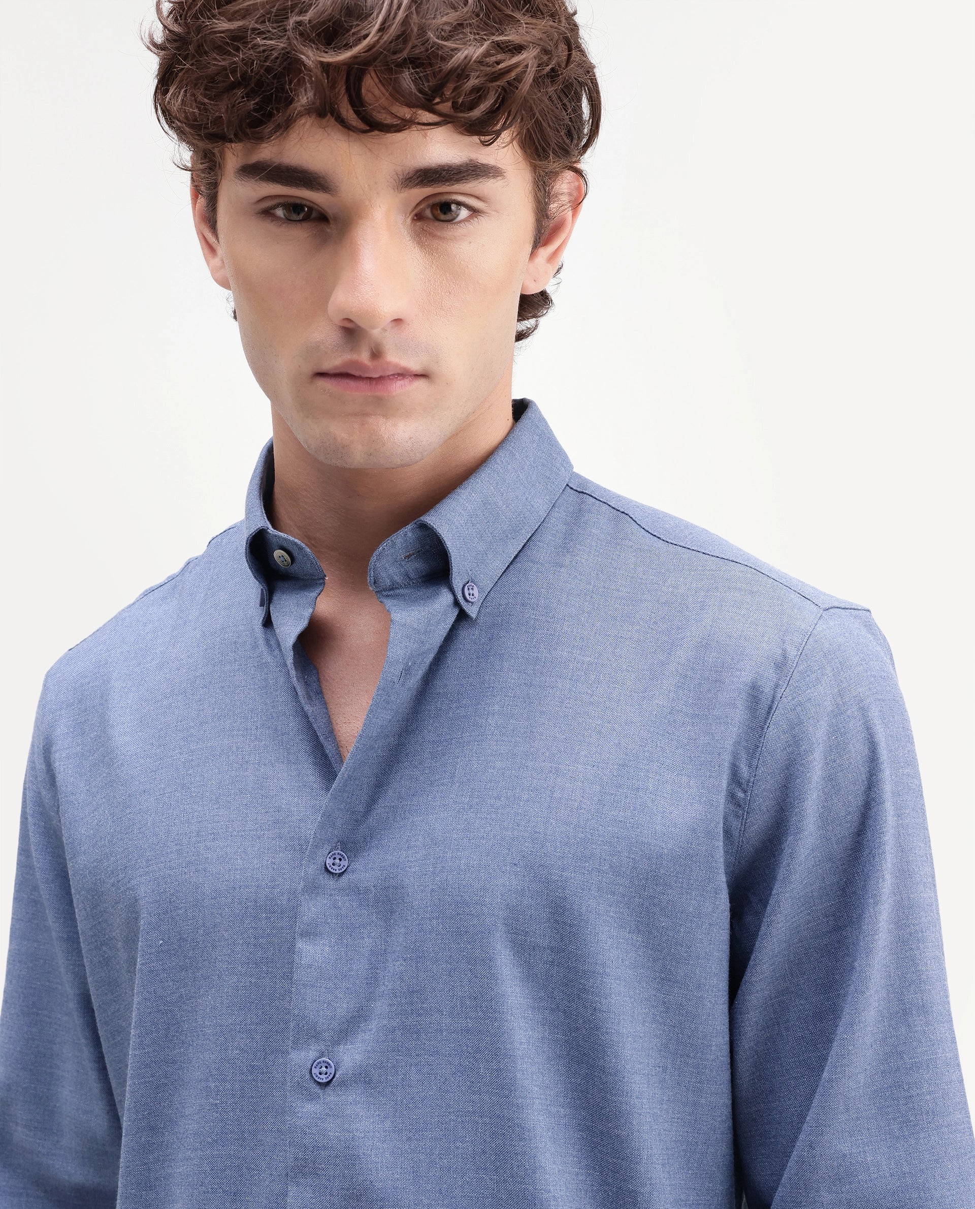 Rare Rabbit Men's Jonar Dusky Blue Polyester Blend Spread Collar Regular Plain Shirt