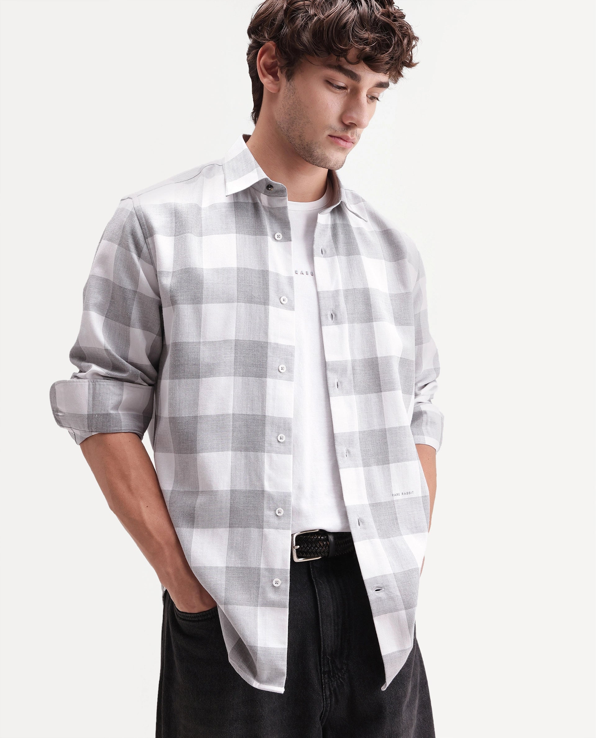 Rare Rabbit Men's Cront Grey Cotton Blend Spread Collar Regular Checked Shirt