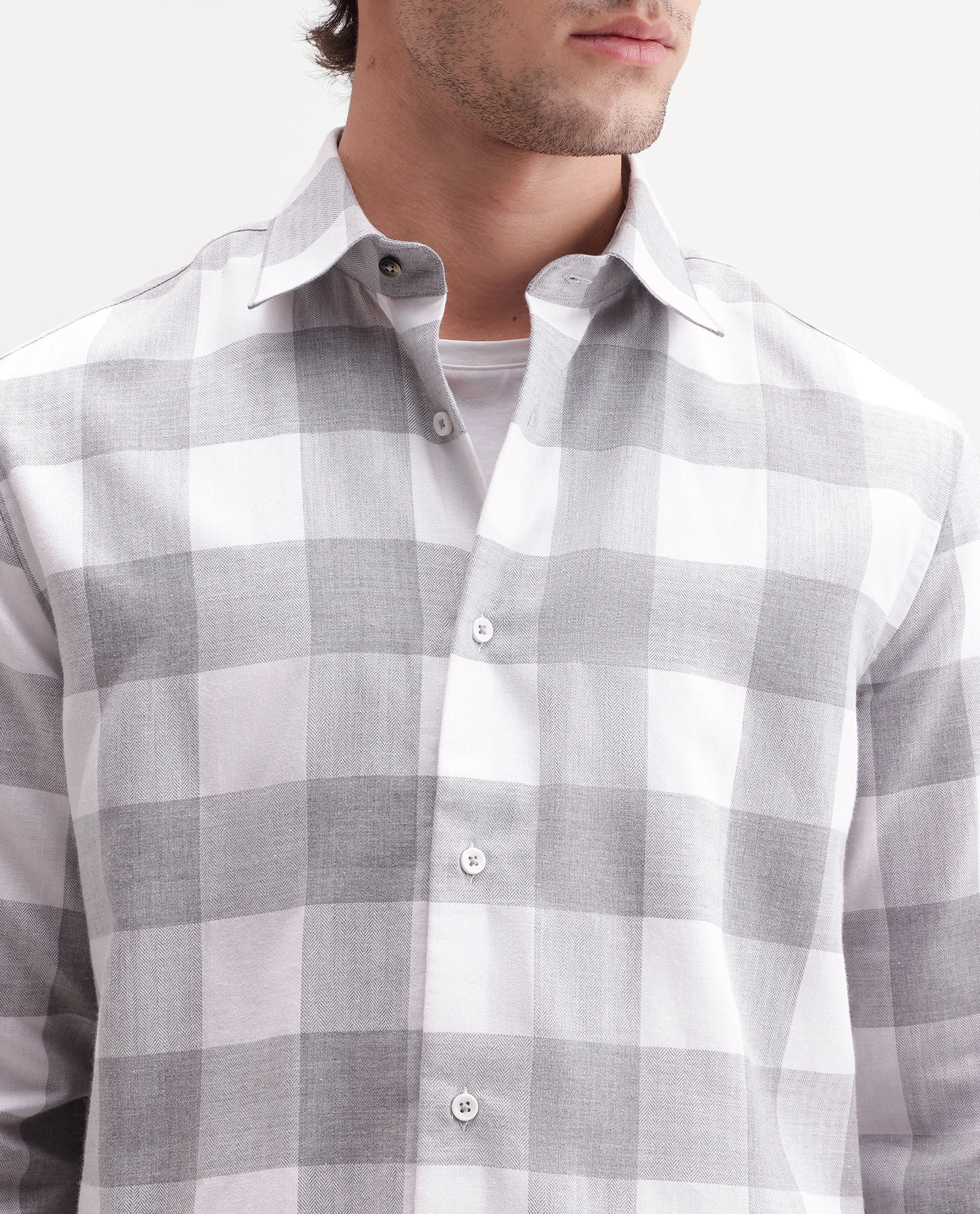 Rare Rabbit Men's Cront Grey Cotton Blend Spread Collar Regular Checked Shirt