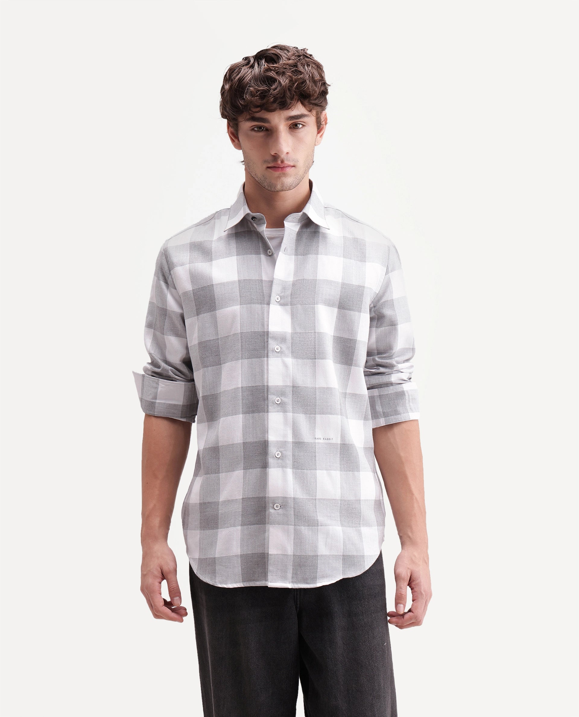 Rare Rabbit Men's Cront Grey Cotton Blend Spread Collar Regular Checked Shirt