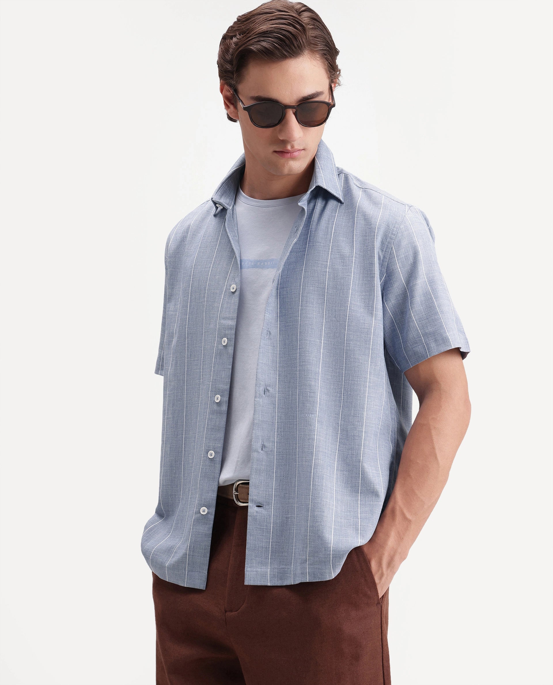 Rare Rabbit Men's Pedri Primary Blue Viscose Blend Spread Collar Regular Striped Shirt