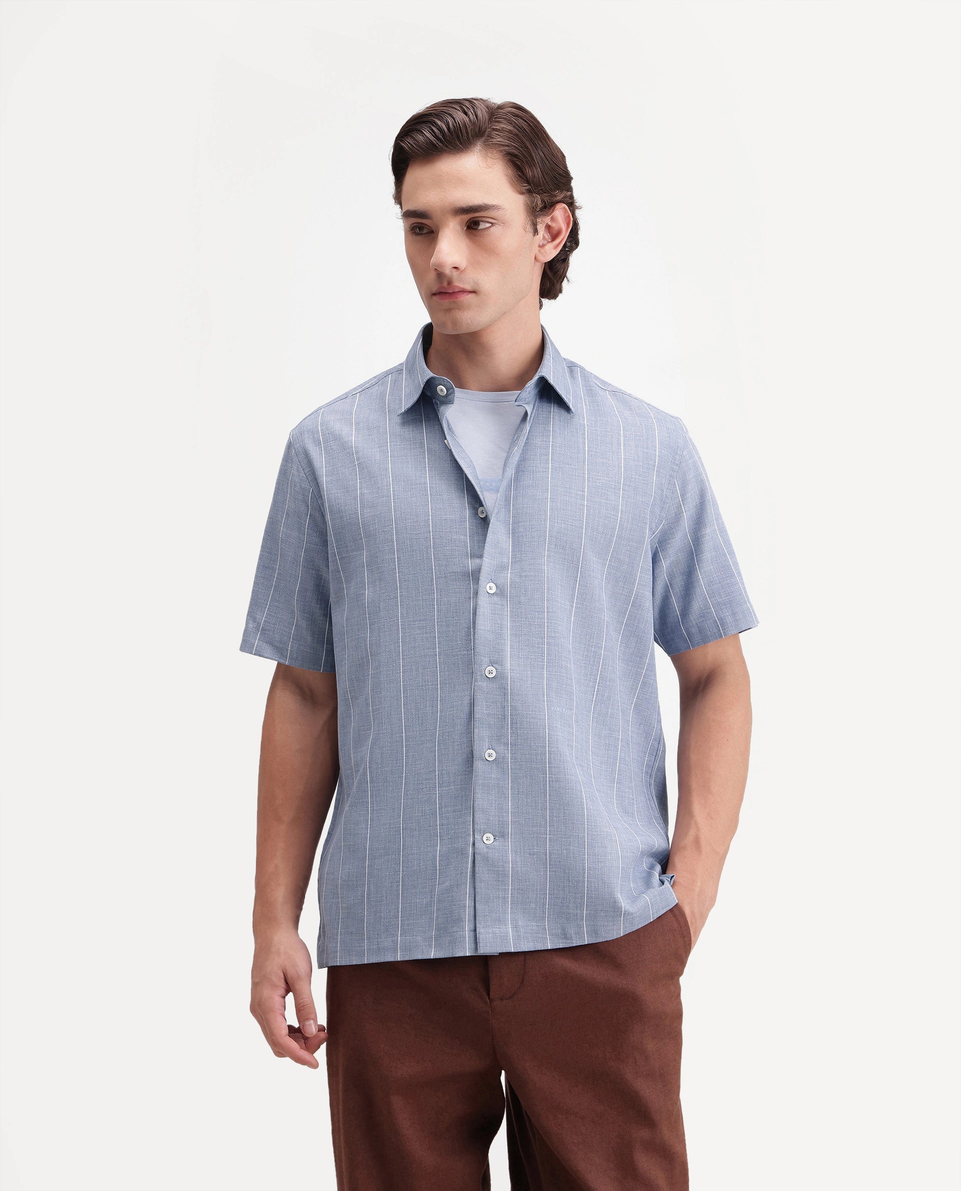 Rare Rabbit Men's Pedri Primary Blue Viscose Blend Spread Collar Regular Striped Shirt