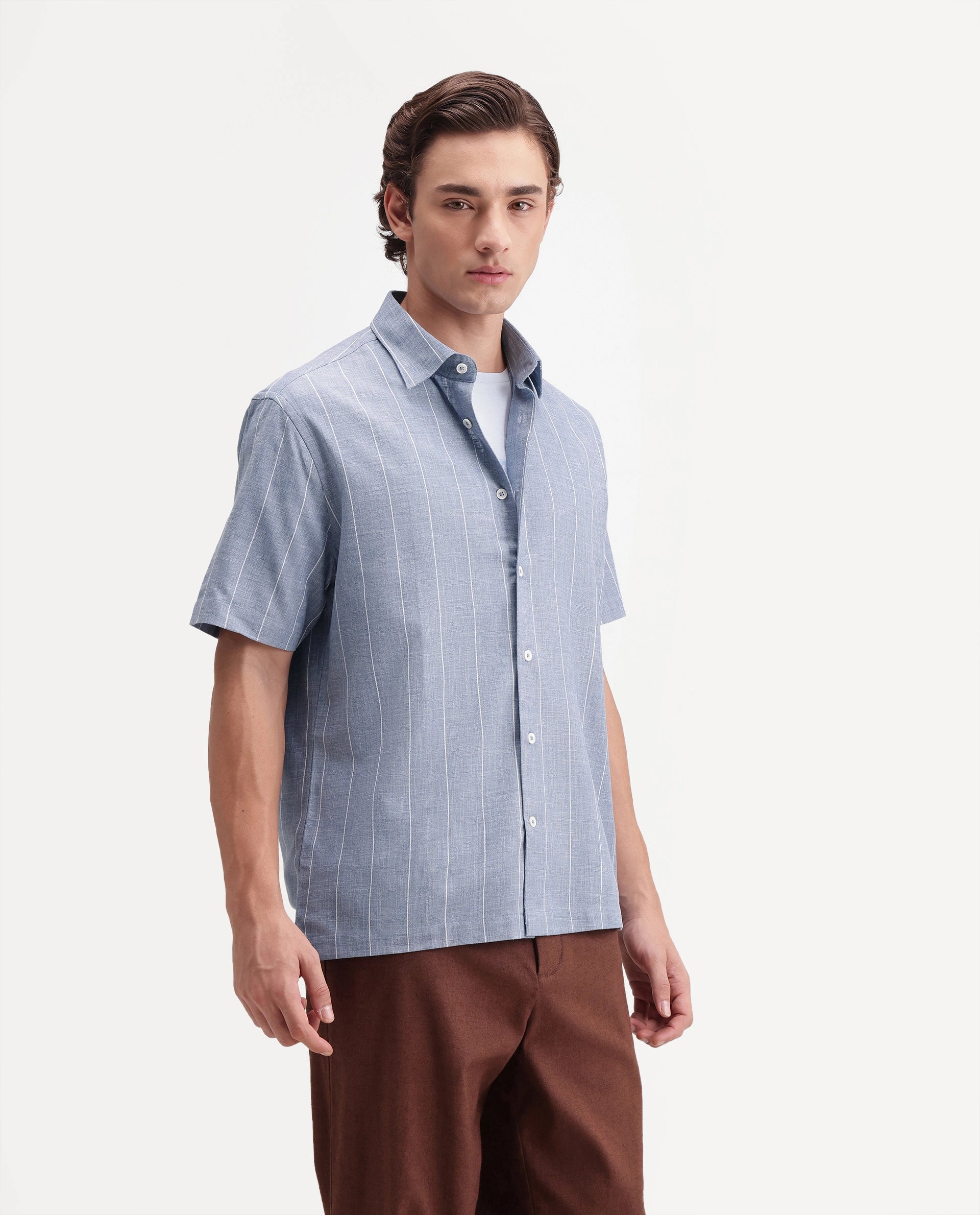 Rare Rabbit Men's Pedri Primary Blue Viscose Blend Spread Collar Regular Striped Shirt