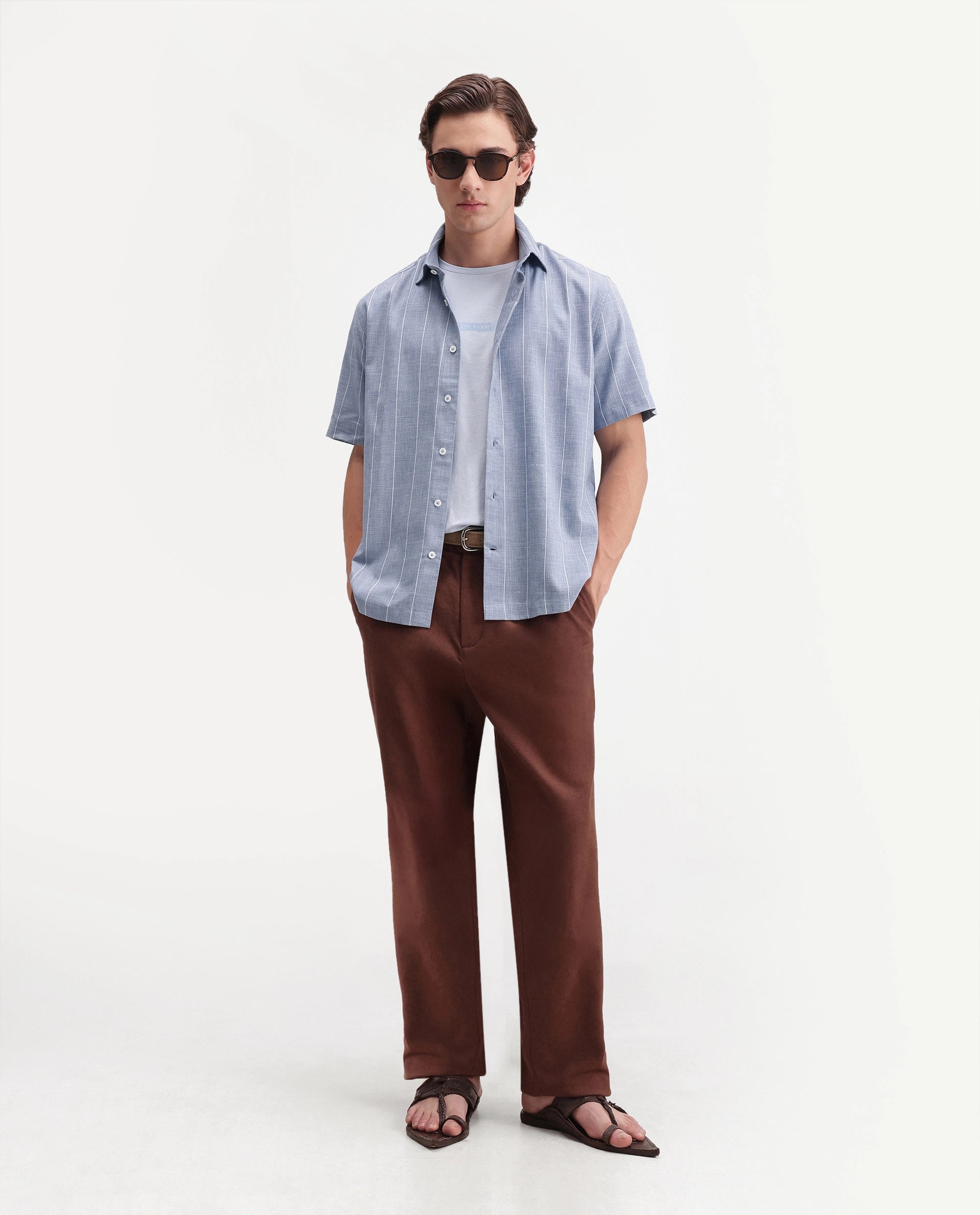 Rare Rabbit Men's Pedri Primary Blue Viscose Blend Spread Collar Regular Striped Shirt