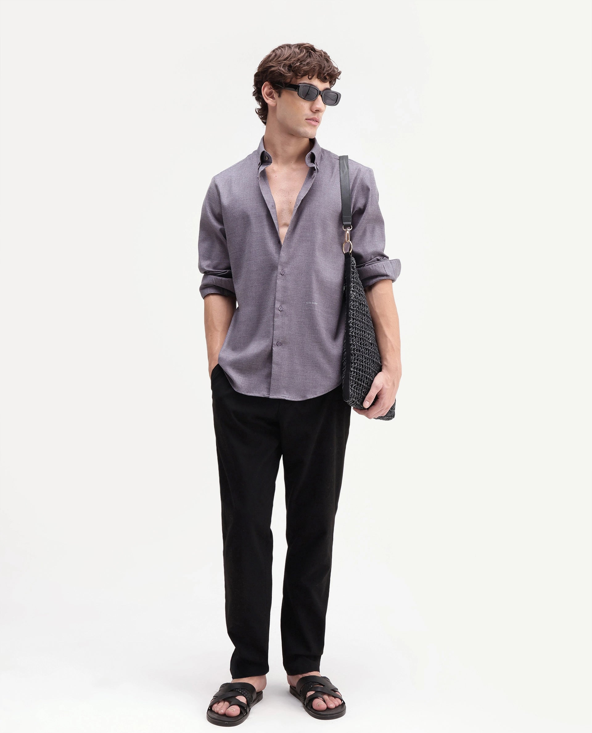 Rare Rabbit Men's Jonar Dusky Purple Polyester Blend Spread Collar Regular Plain Shirt