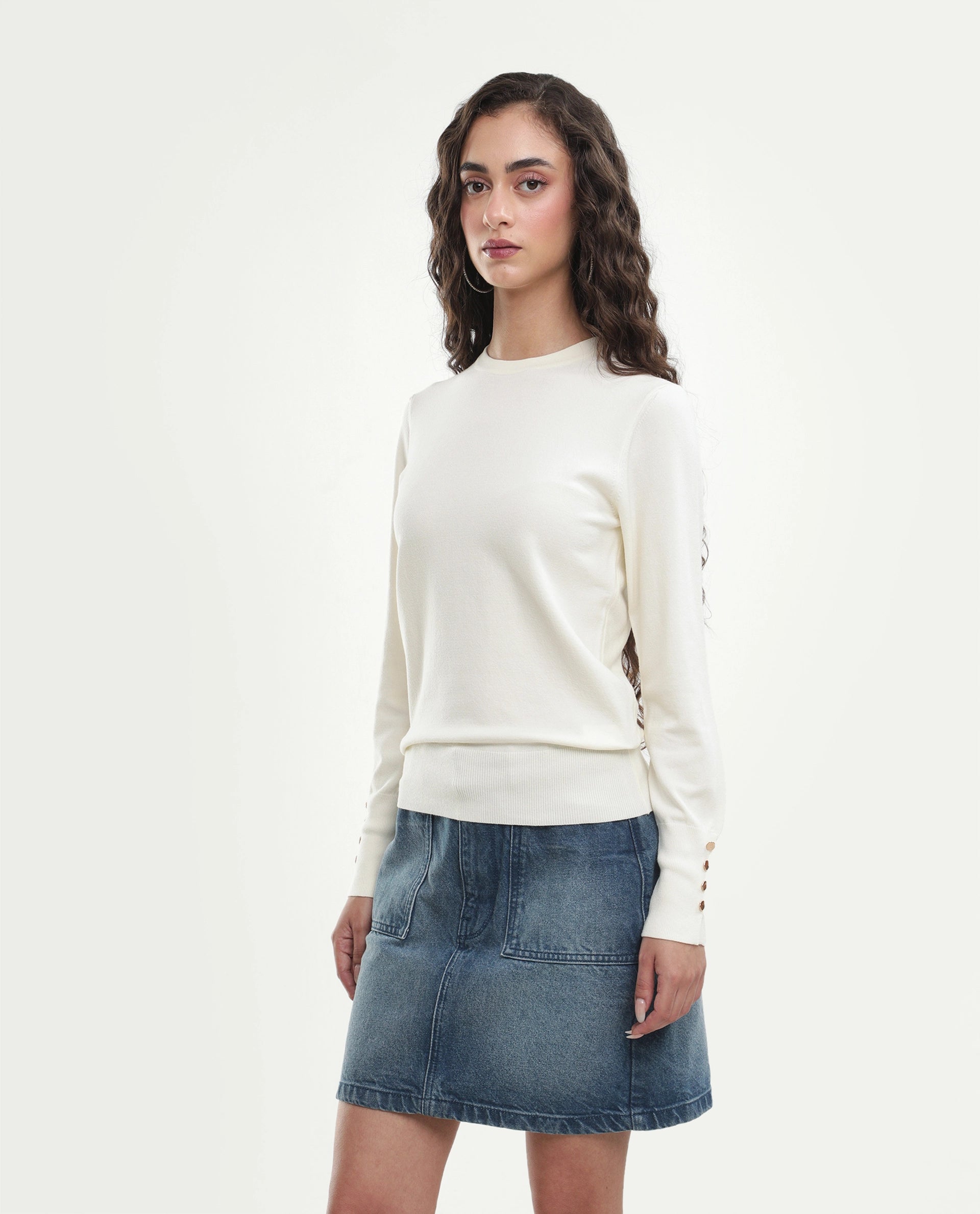 Rareism Women's Loran Off White Viscose Blend Crew Neck Regular Fit Plain Top