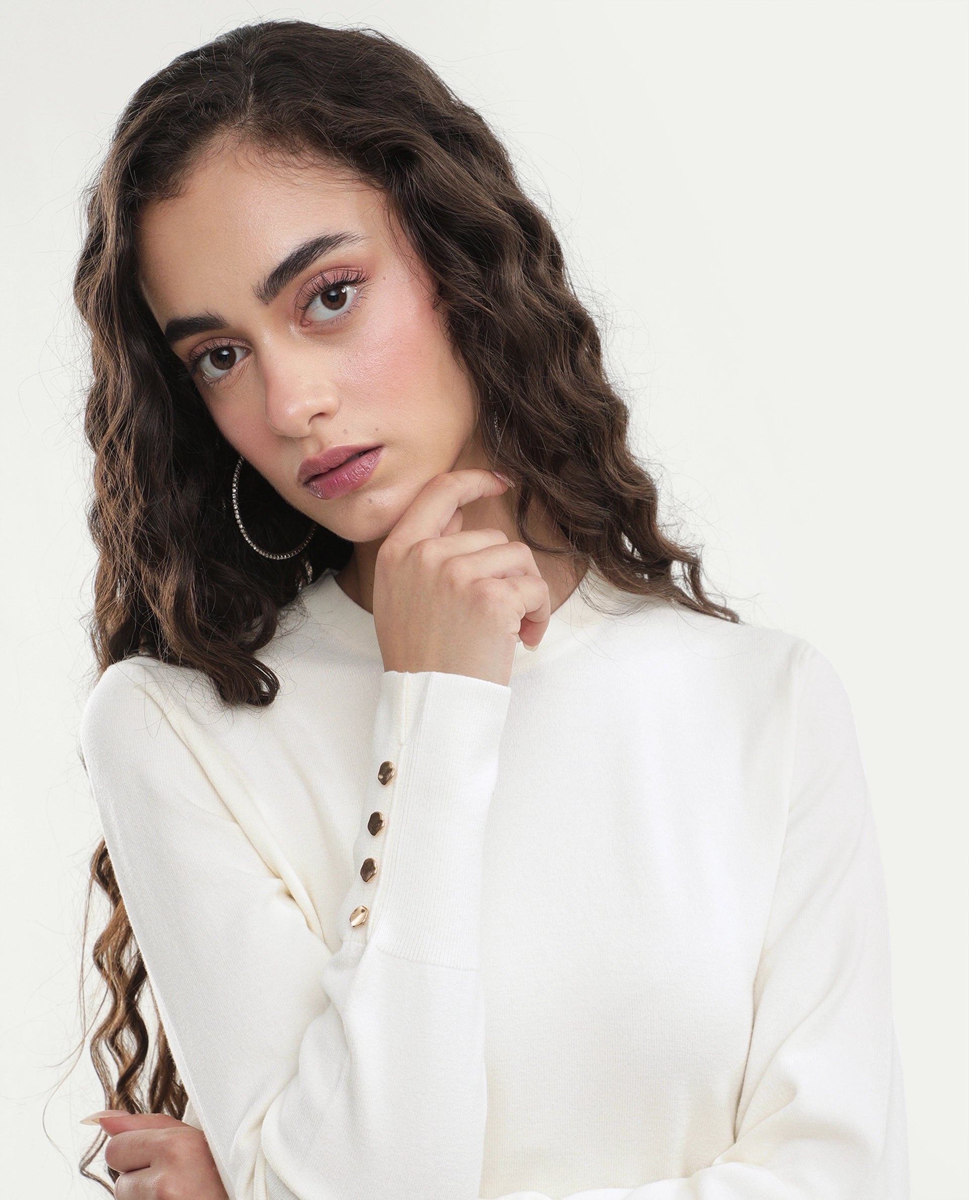 Rareism Women's Loran Off White Viscose Blend Crew Neck Regular Fit Plain Top