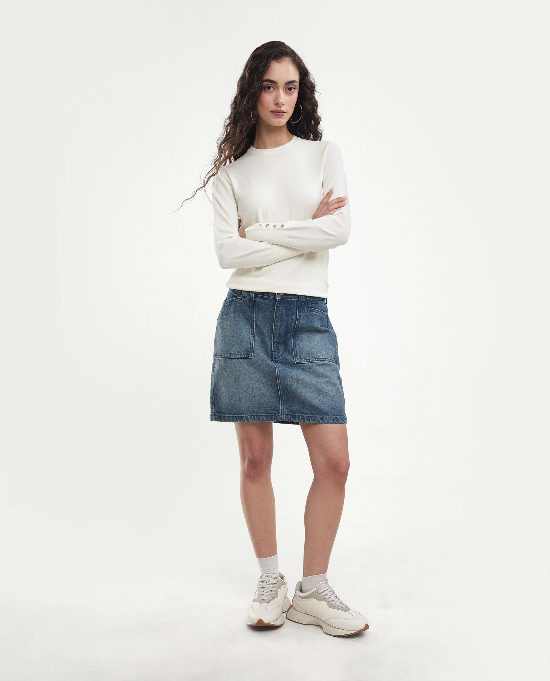Rareism Women's Loran Off White Viscose Blend Crew Neck Regular Fit Plain Top