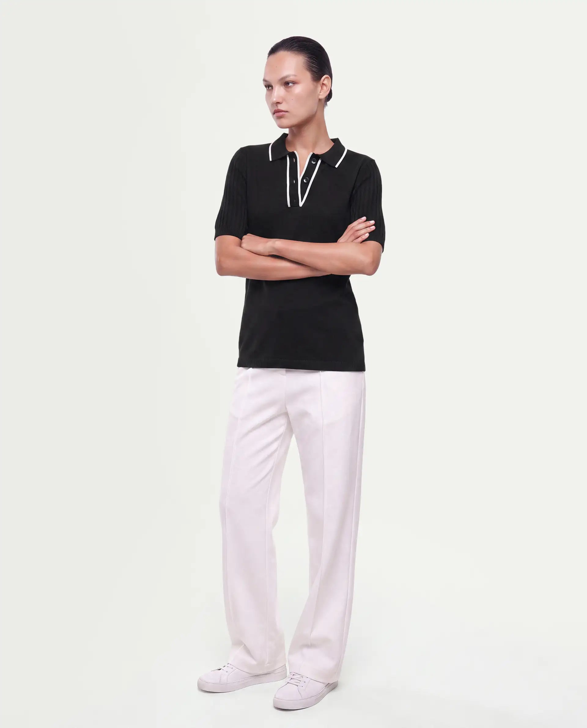 Rareism Women's Knitupaw26 Black Viscose Blend Spread Collar Regular Fit Plain Top