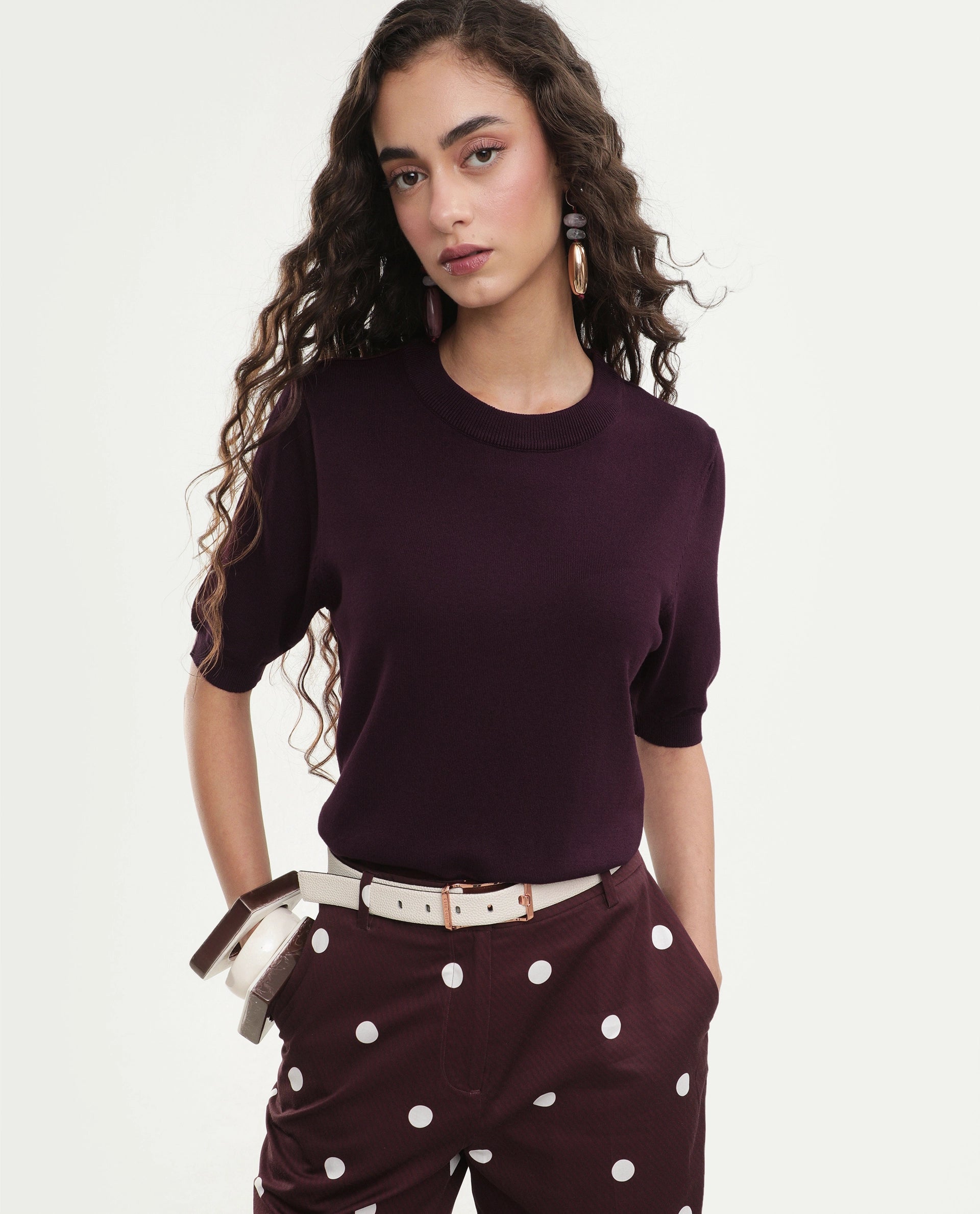 Rareism Women's Rohrdoaw26 Dark Maroon Viscose Blend Crew Neck Regular Fit Plain Top