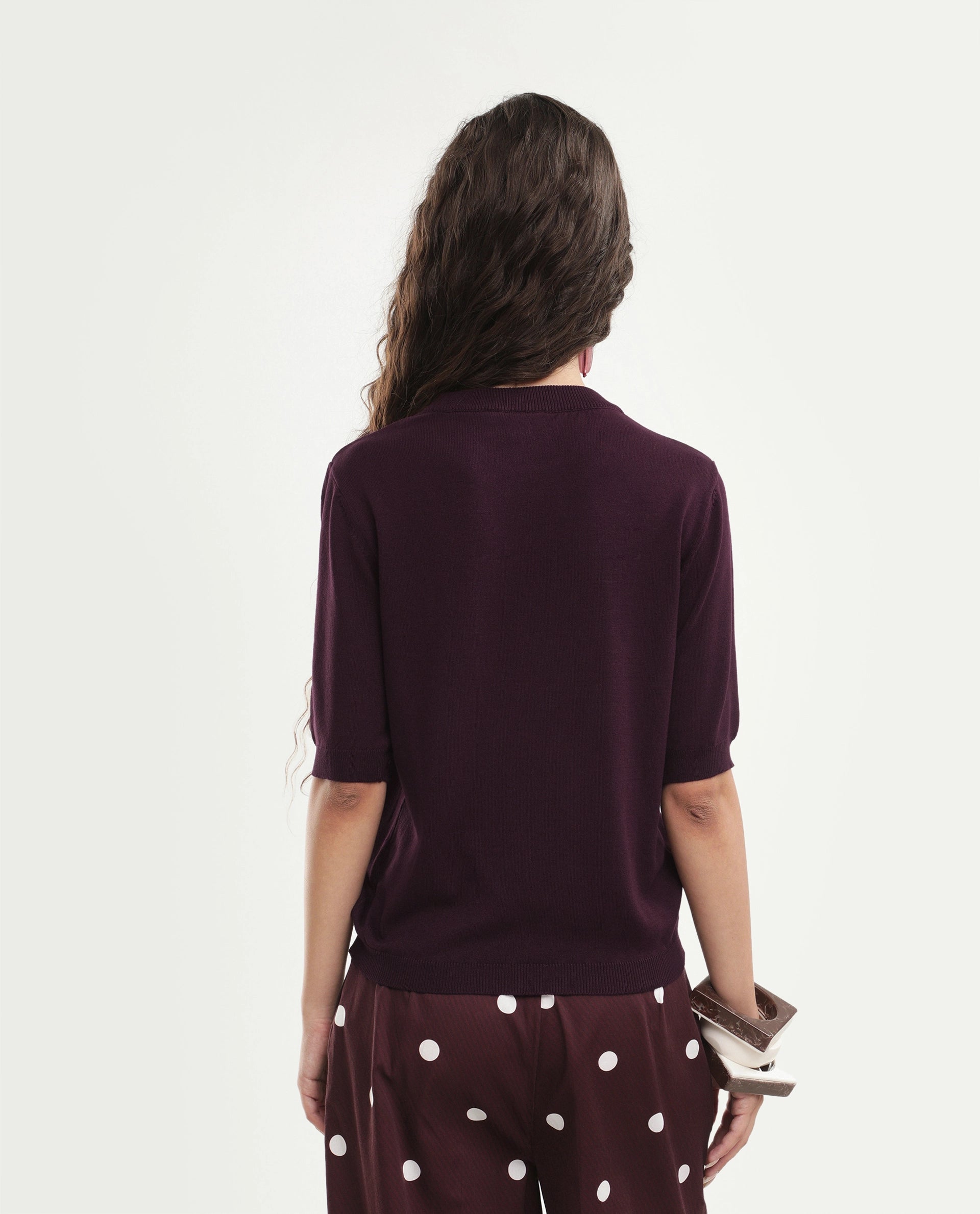 Rareism Women's Rohrdoaw26 Dark Maroon Viscose Blend Crew Neck Regular Fit Plain Top