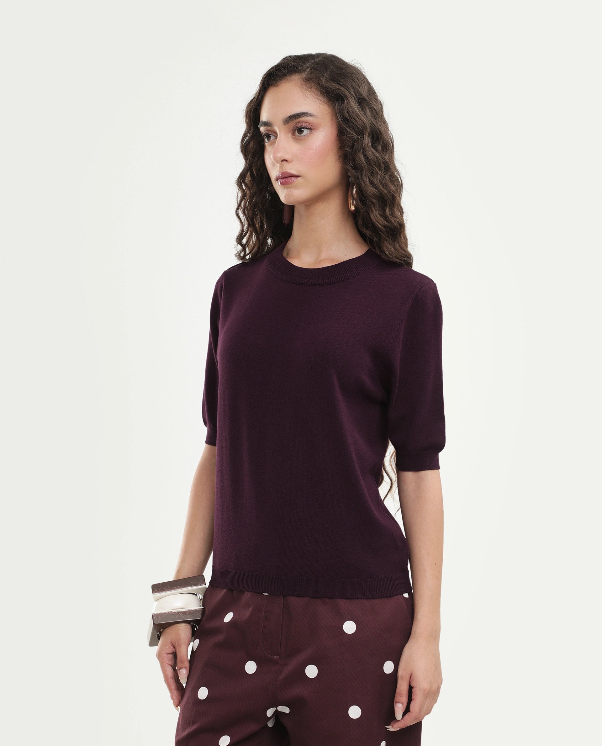 Rareism Women's Rohrdoaw26 Dark Maroon Viscose Blend Crew Neck Regular Fit Plain Top