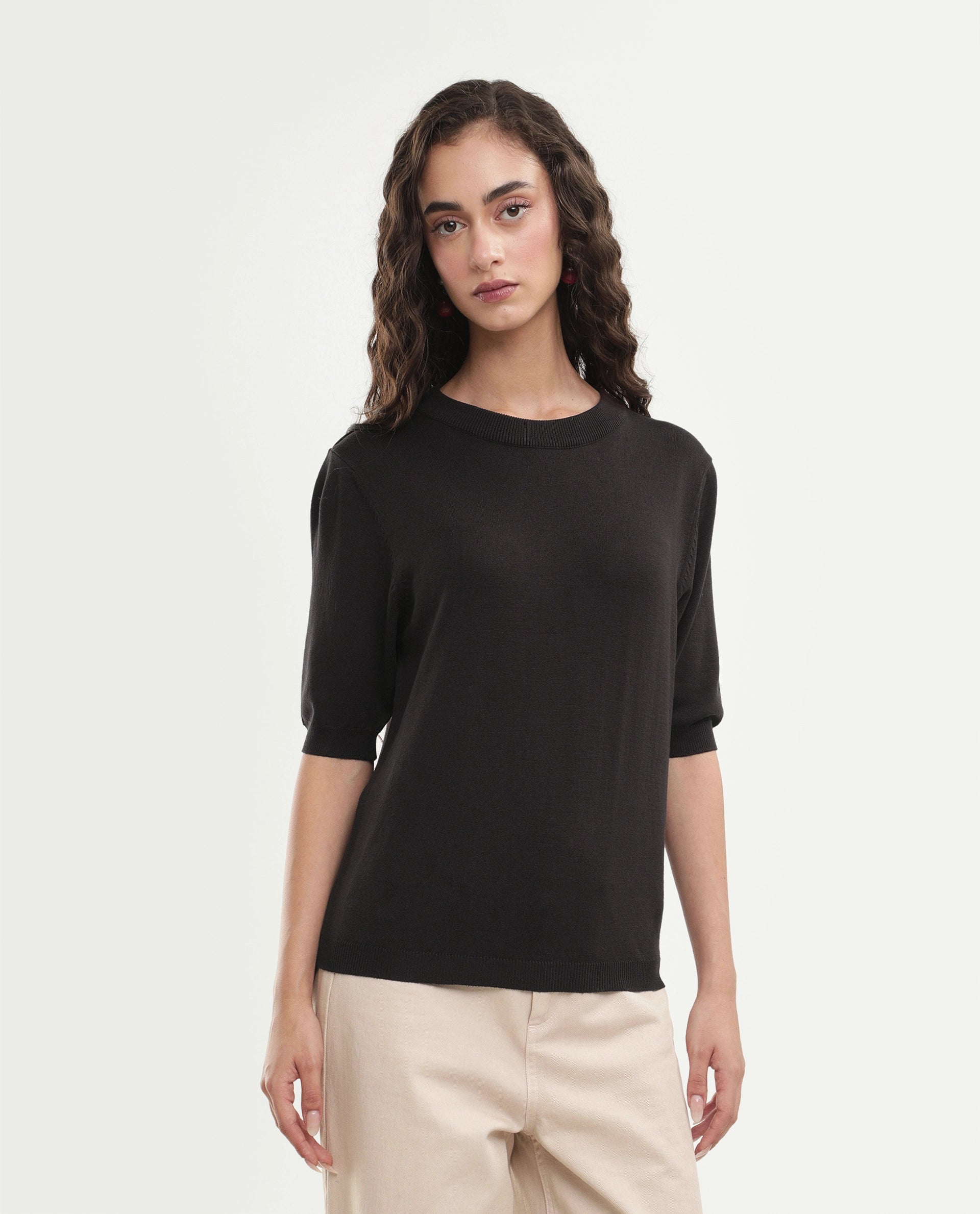 Rareism Women's Rohrdoaw26 Dark Brown Viscose Blend Crew Neck Regular Fit Plain Top