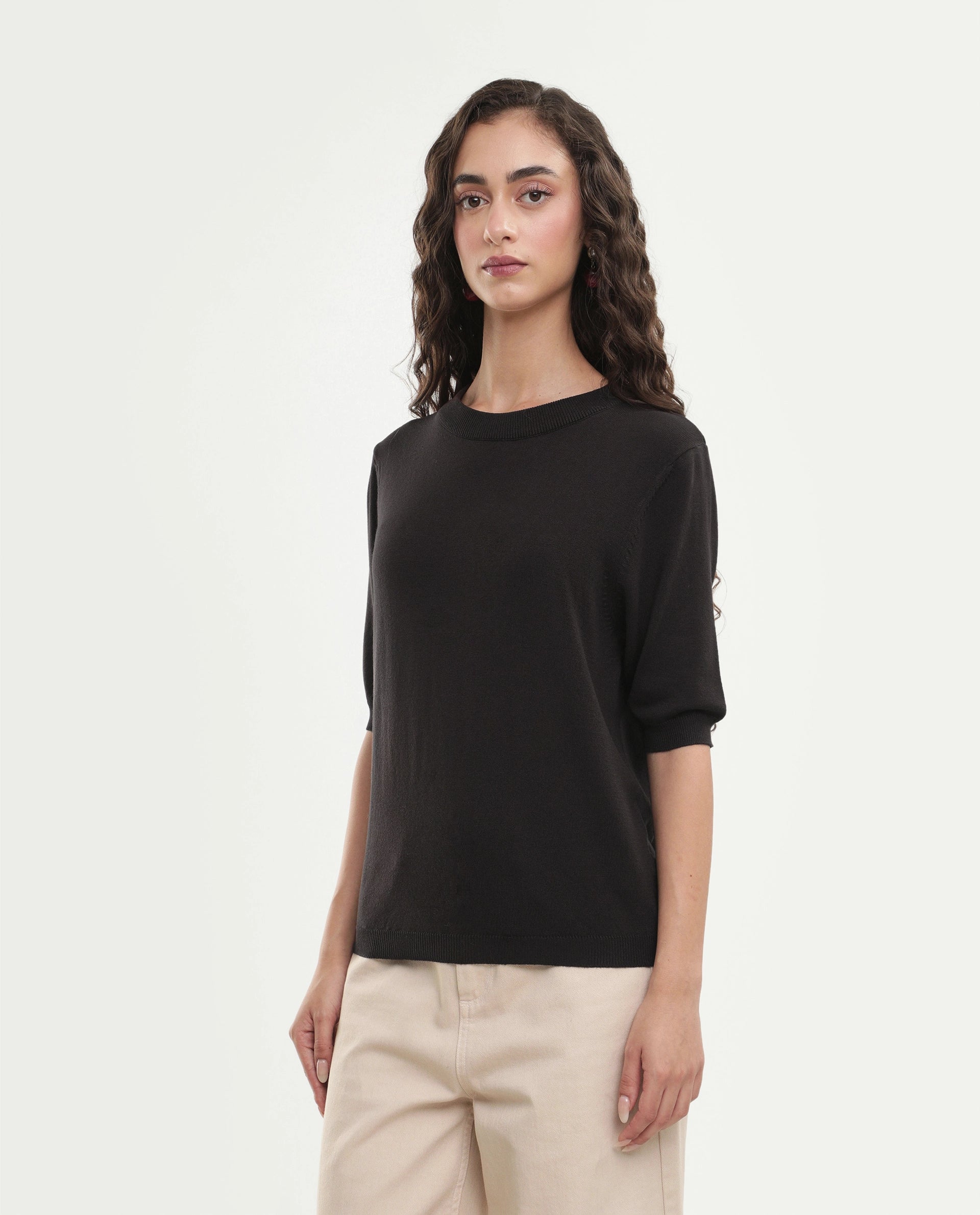 Rareism Women's Rohrdoaw26 Dark Brown Viscose Blend Crew Neck Regular Fit Plain Top