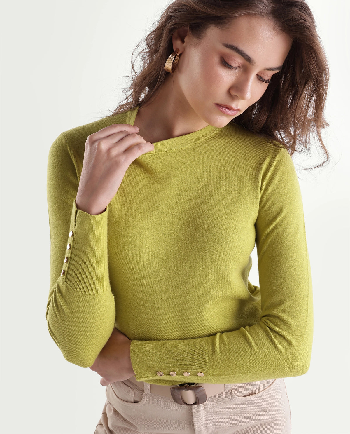 Rareism Women's Loran Light Green Viscose Blend Crew Neck Regular Fit Plain Top