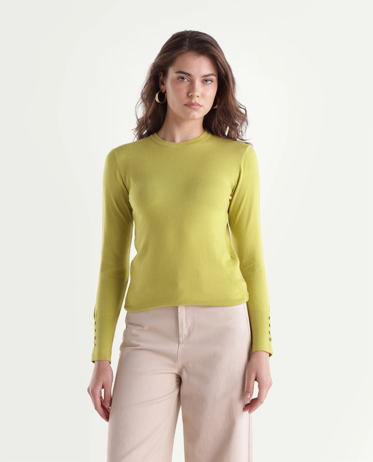 Rareism Women's Loran Light Green Viscose Blend Crew Neck Regular Fit Plain Top