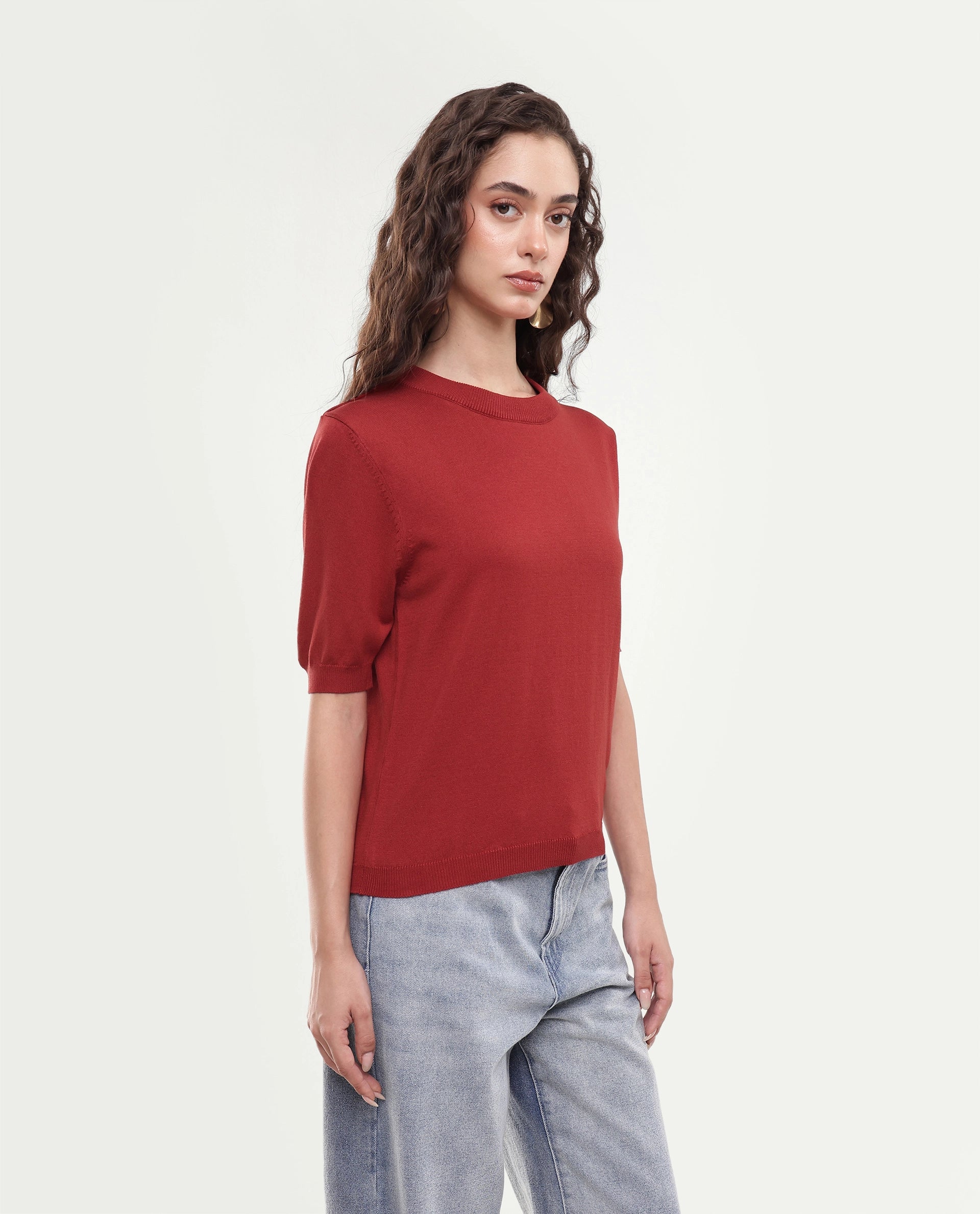 Rareism Women's Rohrdoaw26 Rust Plain Viscose Blend Regular Short Sleeves Top