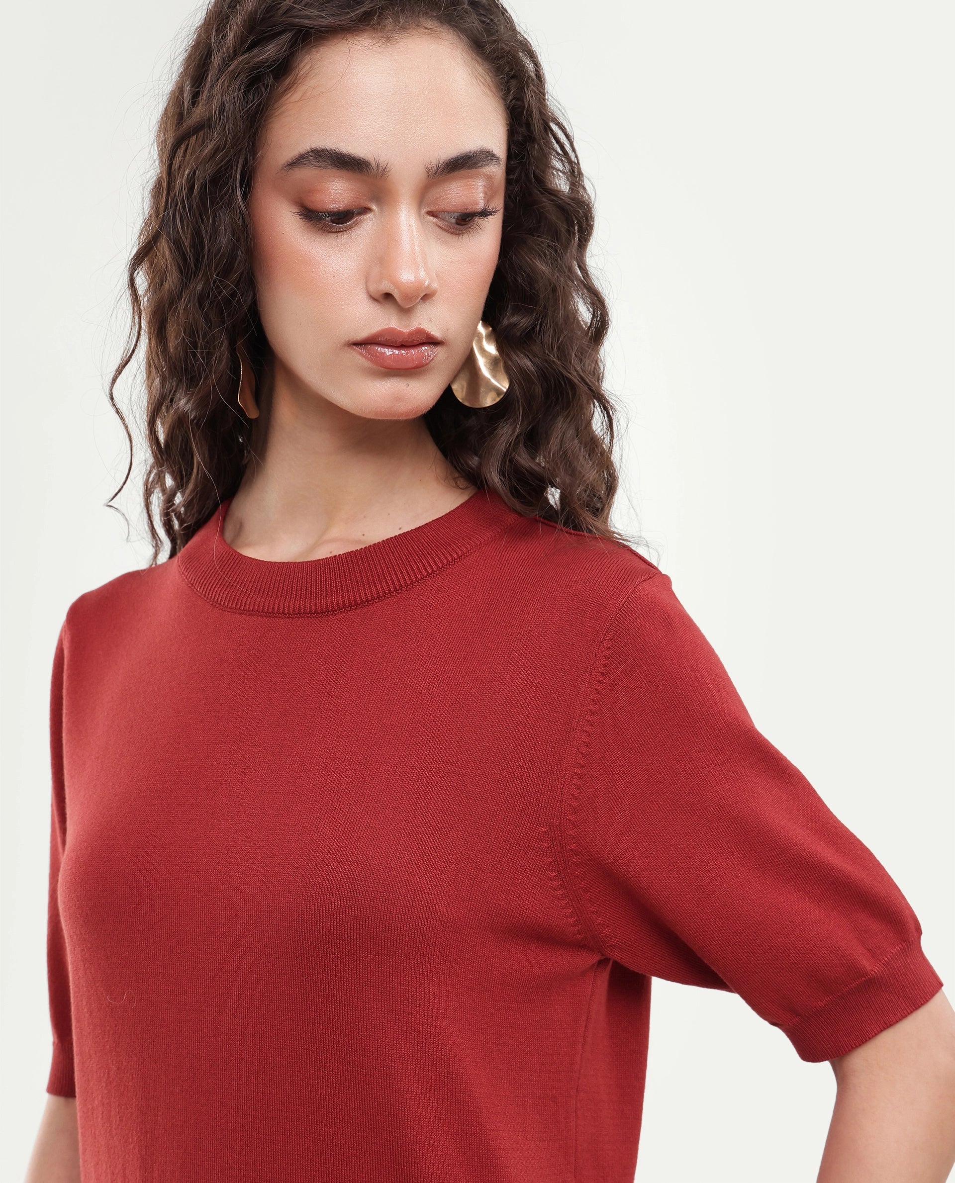 Rareism Women's Rohrdoaw26 Rust Plain Viscose Blend Regular Short Sleeves Top