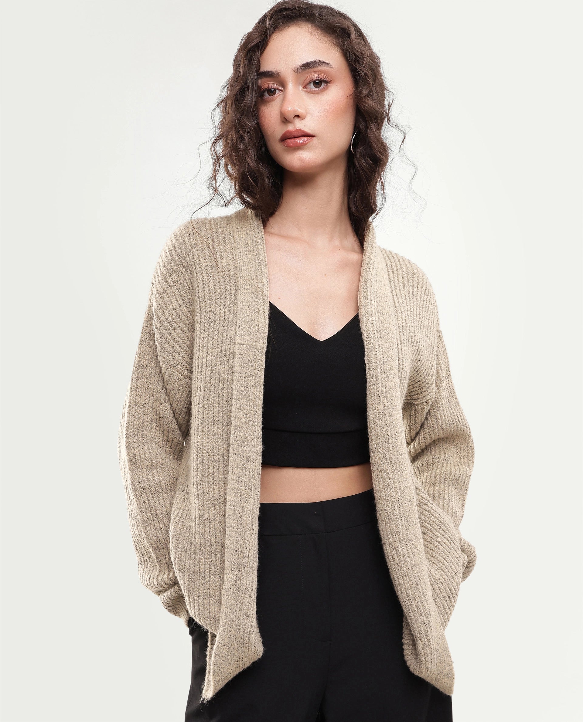 Rareism Women's Jugaw26 Dark Beige Acrylic Blend Lapel Neck Relaxed Fit Plain Shrug