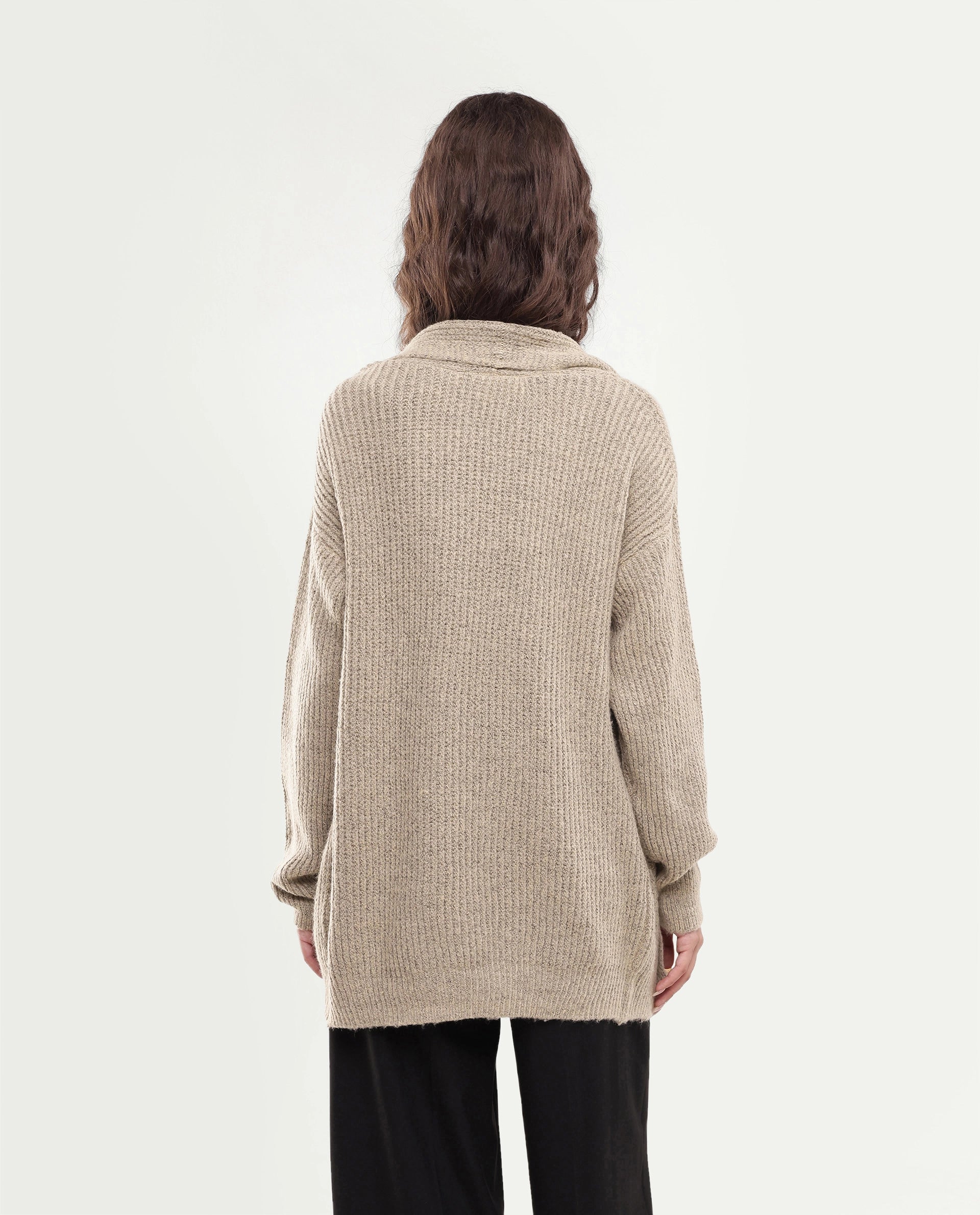 Rareism Women's Jugaw26 Dark Beige Acrylic Blend Lapel Neck Relaxed Fit Plain Shrug