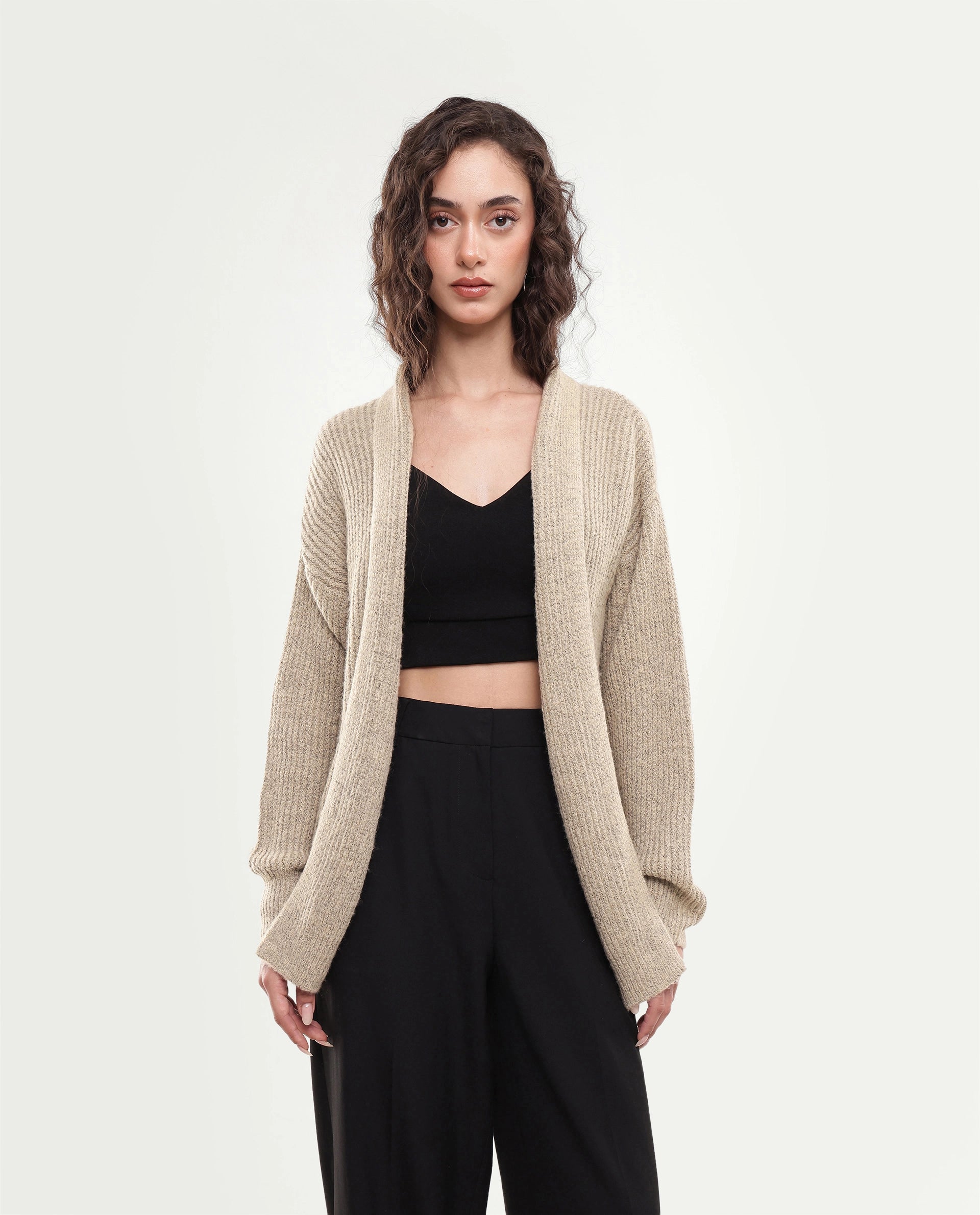 Rareism Women's Jugaw26 Dark Beige Acrylic Blend Lapel Neck Relaxed Fit Plain Shrug