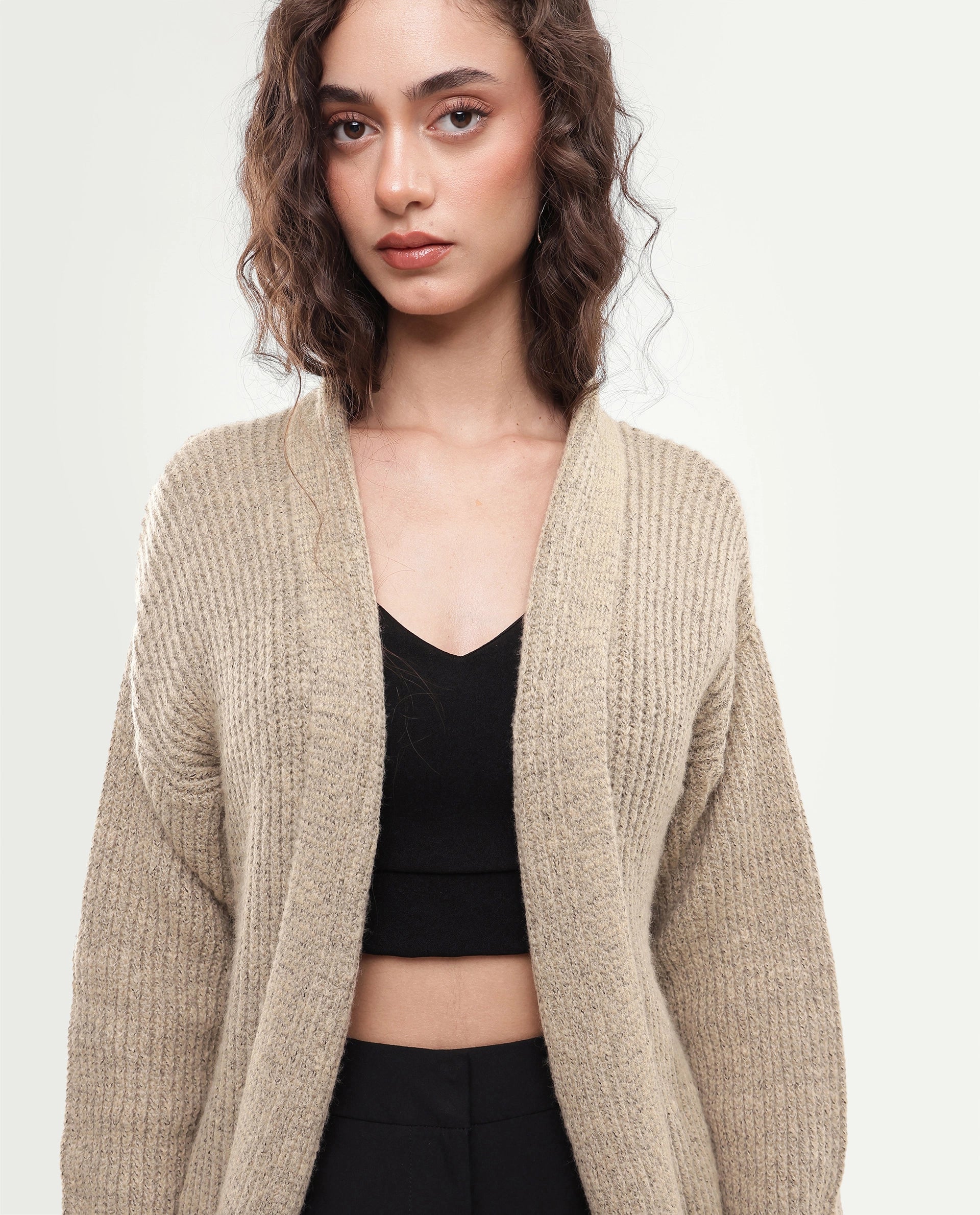 Rareism Women's Jugaw26 Dark Beige Acrylic Blend Lapel Neck Relaxed Fit Plain Shrug