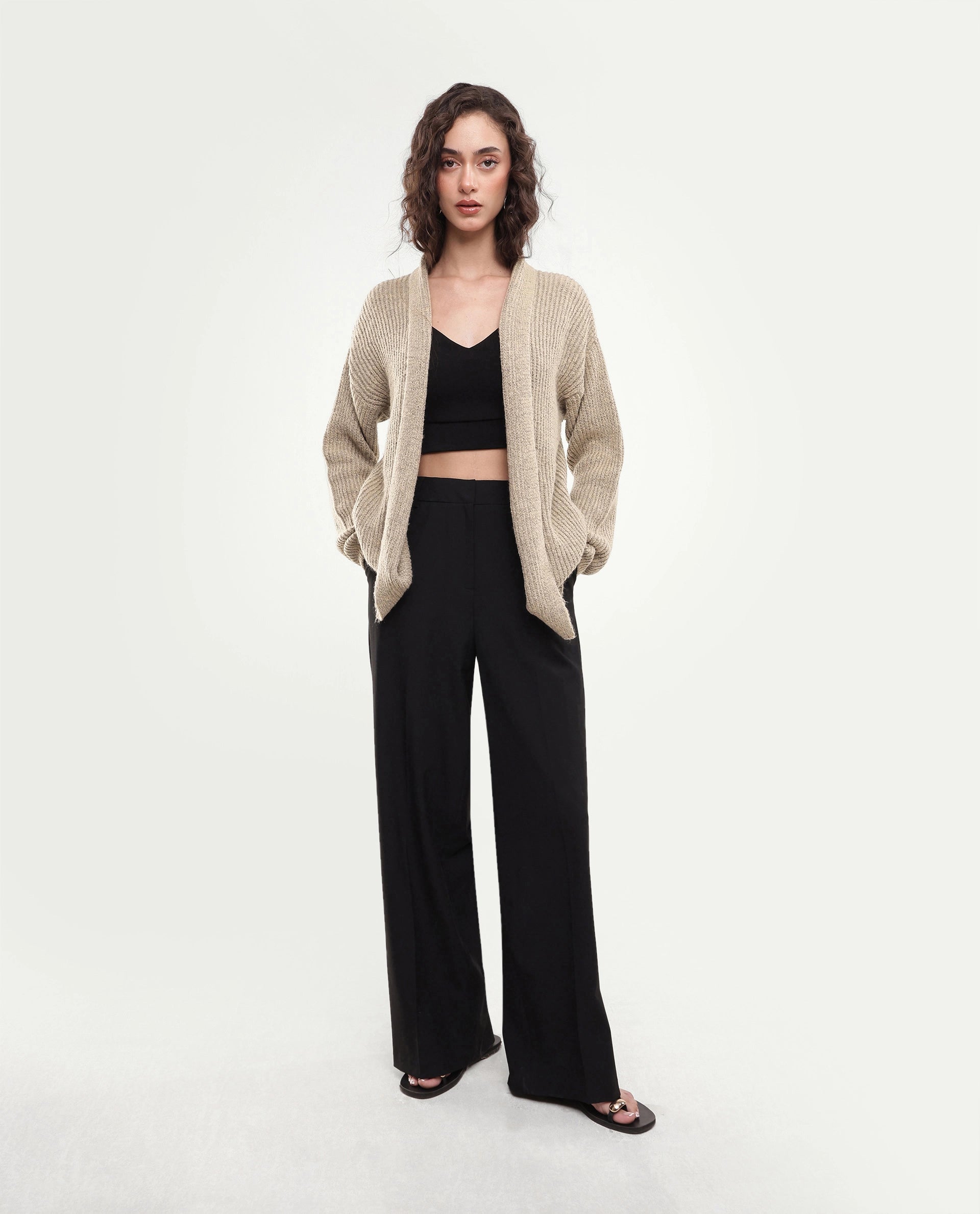 Rareism Women's Jugaw26 Dark Beige Acrylic Blend Lapel Neck Relaxed Fit Plain Shrug
