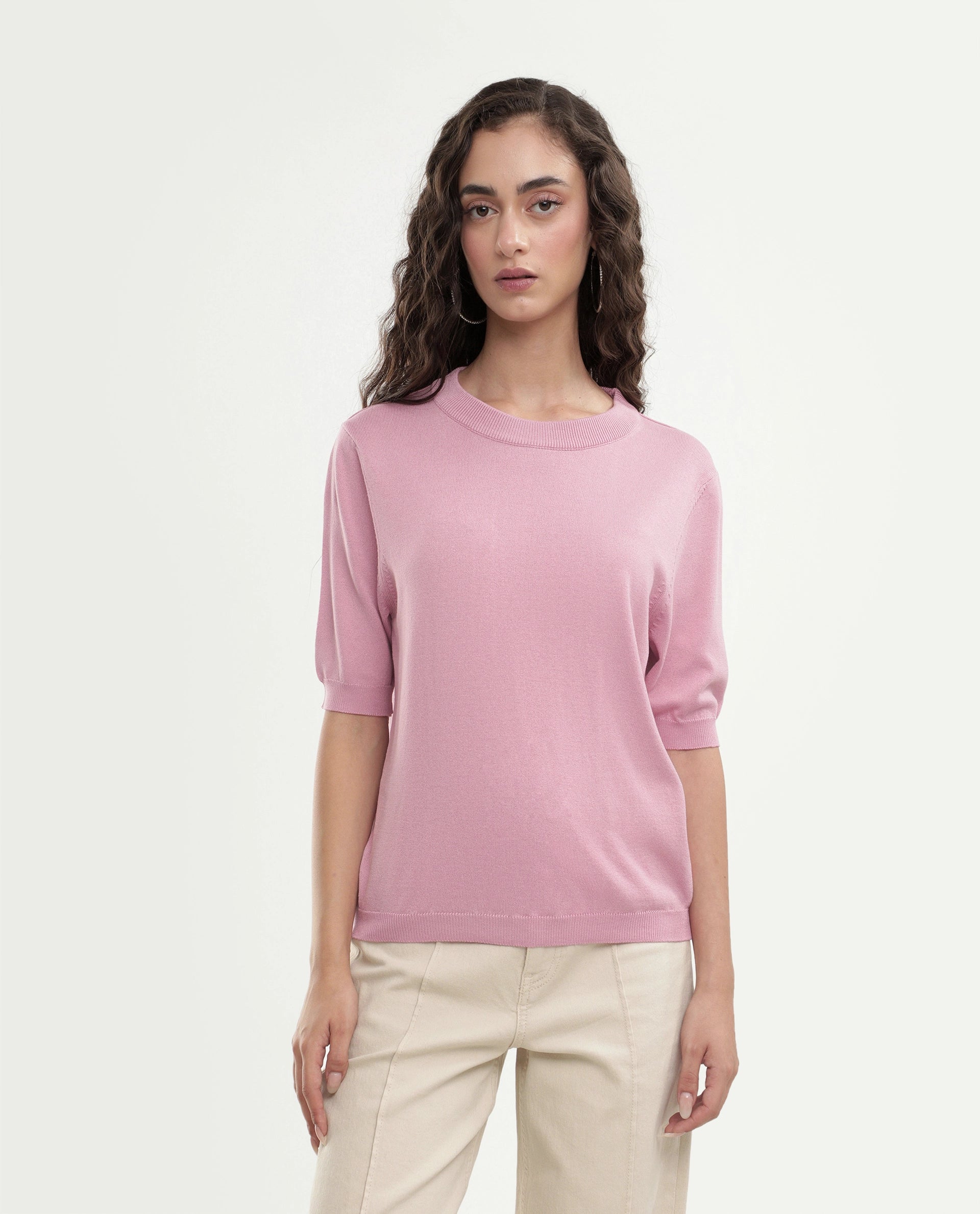 Rareism Women's Rohrdoaw26 Dusky Pink Viscose Blend Crew Neck Regular Fit Plain Top