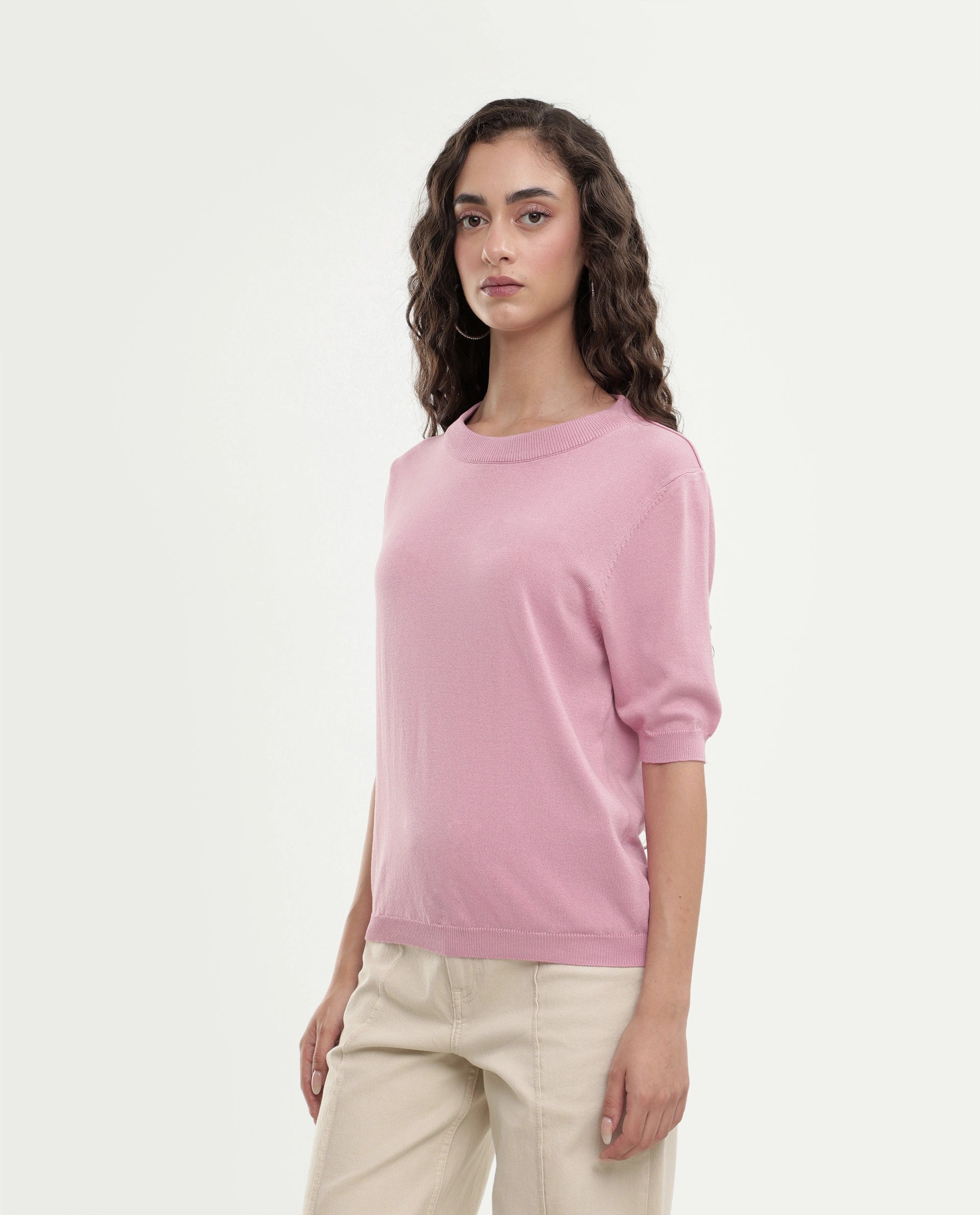 Rareism Women's Rohrdoaw26 Dusky Pink Viscose Blend Crew Neck Regular Fit Plain Top