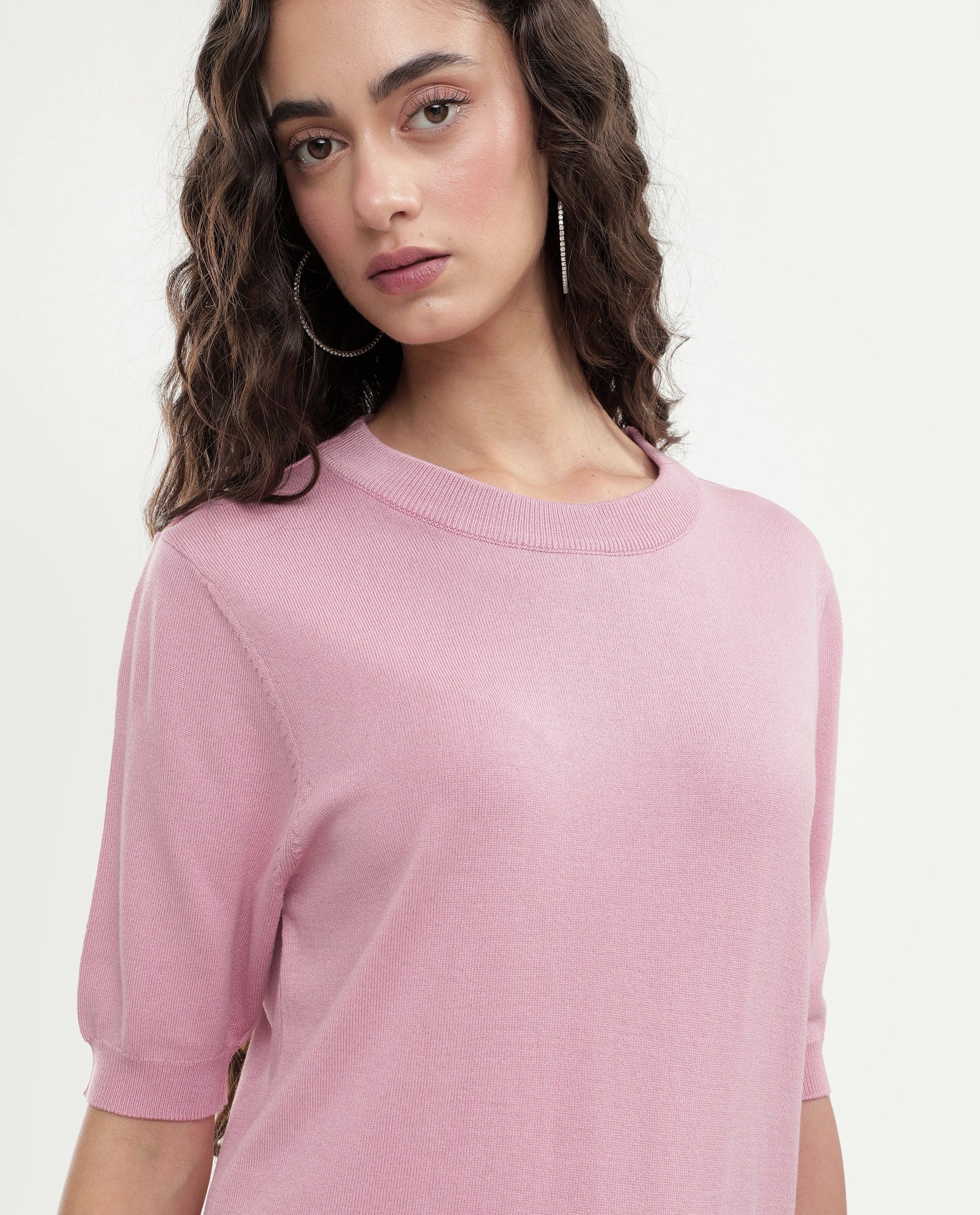 Rareism Women's Rohrdoaw26 Dusky Pink Viscose Blend Crew Neck Regular Fit Plain Top