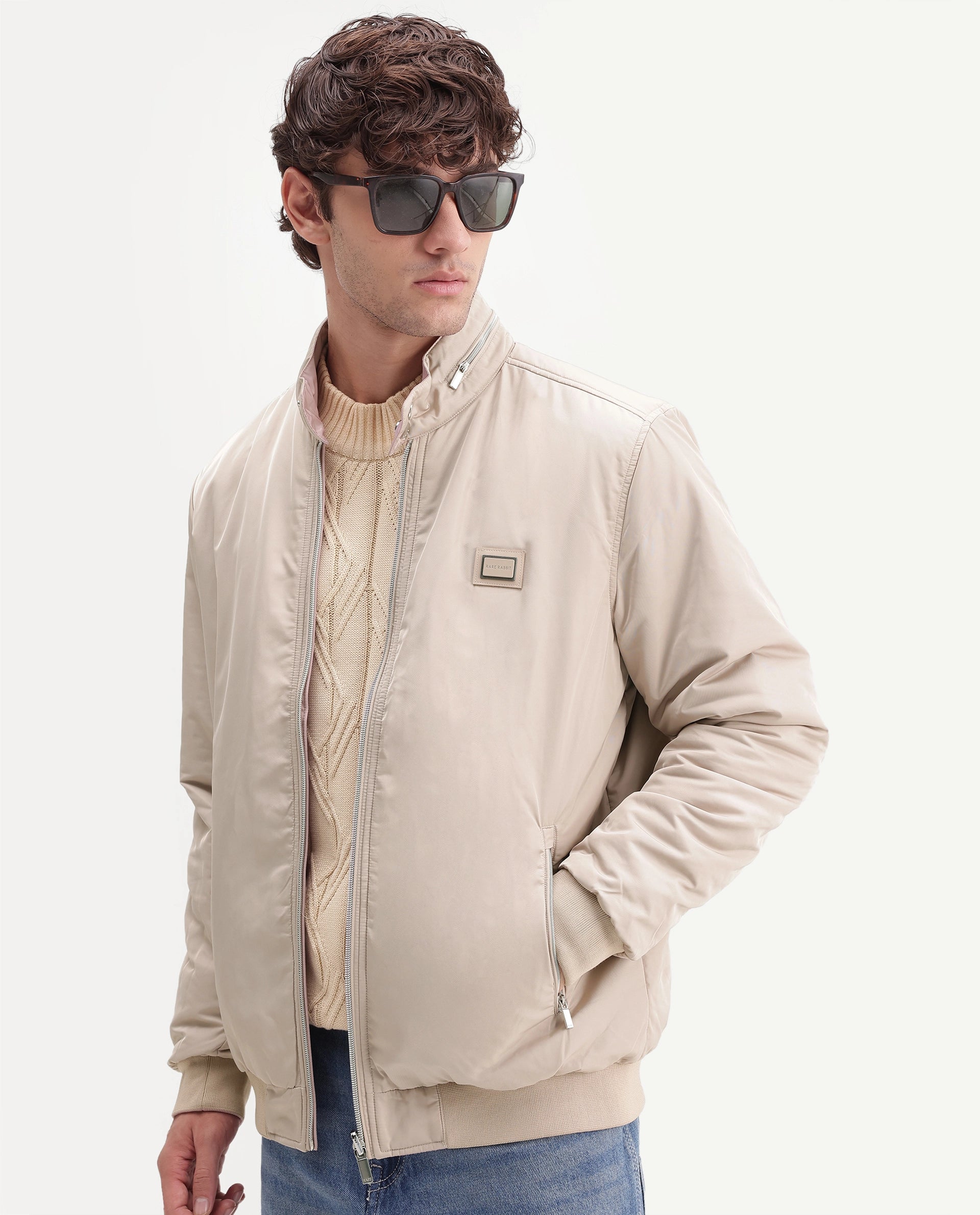 Rare Rabbit Men's Royban-26 Primary Beige Polyester High Neck Regular Plain Jacket