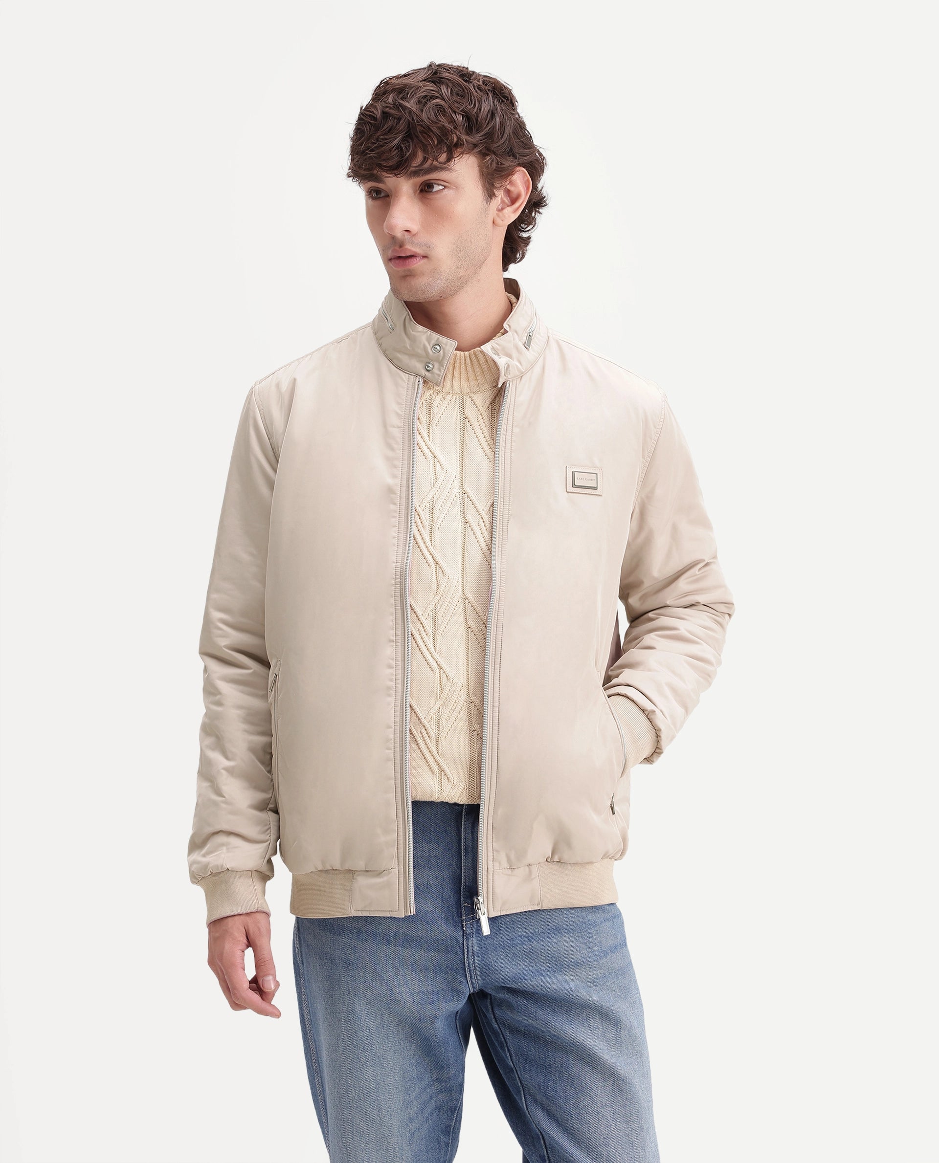 Rare Rabbit Men's Royban-26 Primary Beige Polyester High Neck Regular Plain Jacket