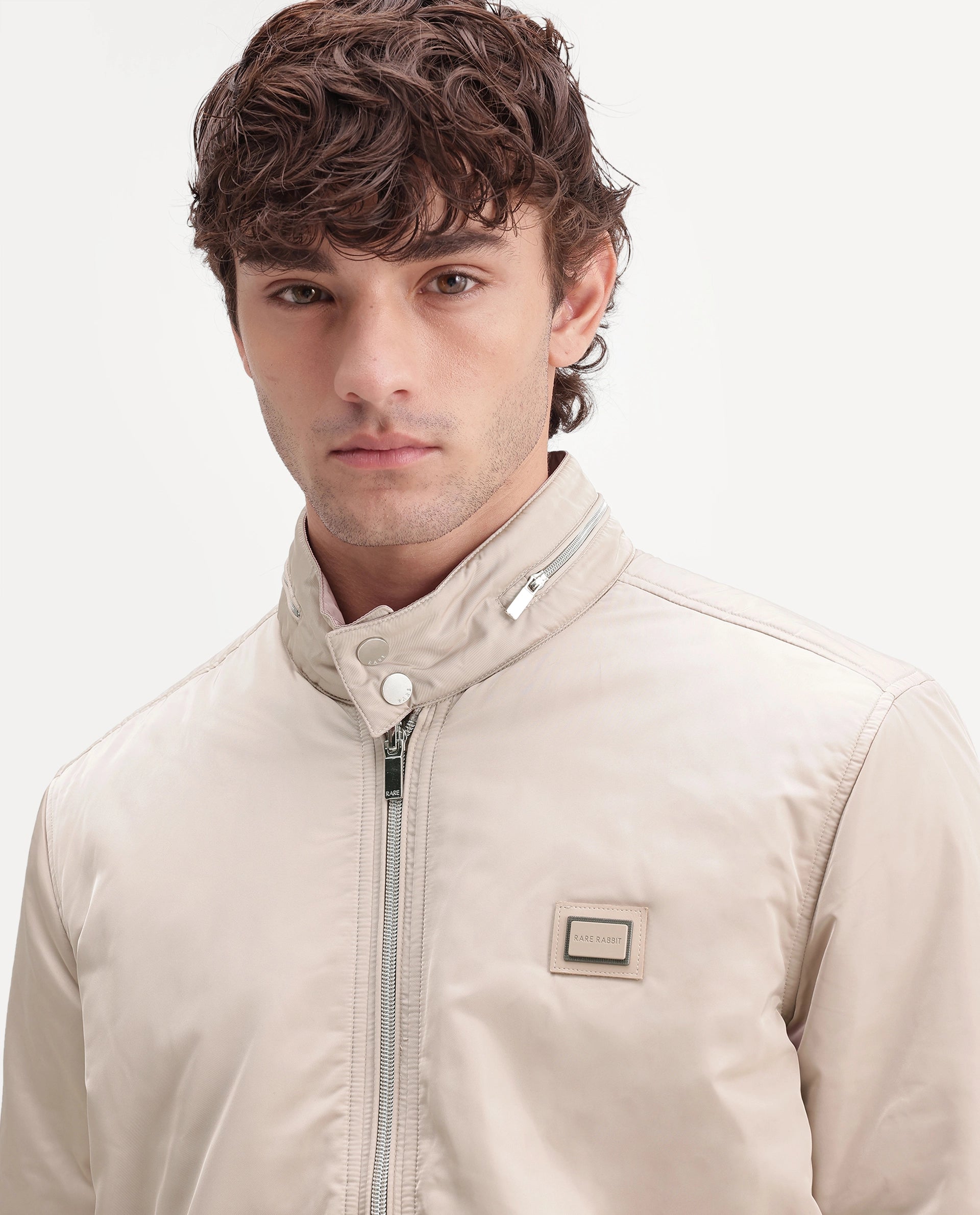 Rare Rabbit Men's Royban-26 Primary Beige Polyester High Neck Regular Plain Jacket