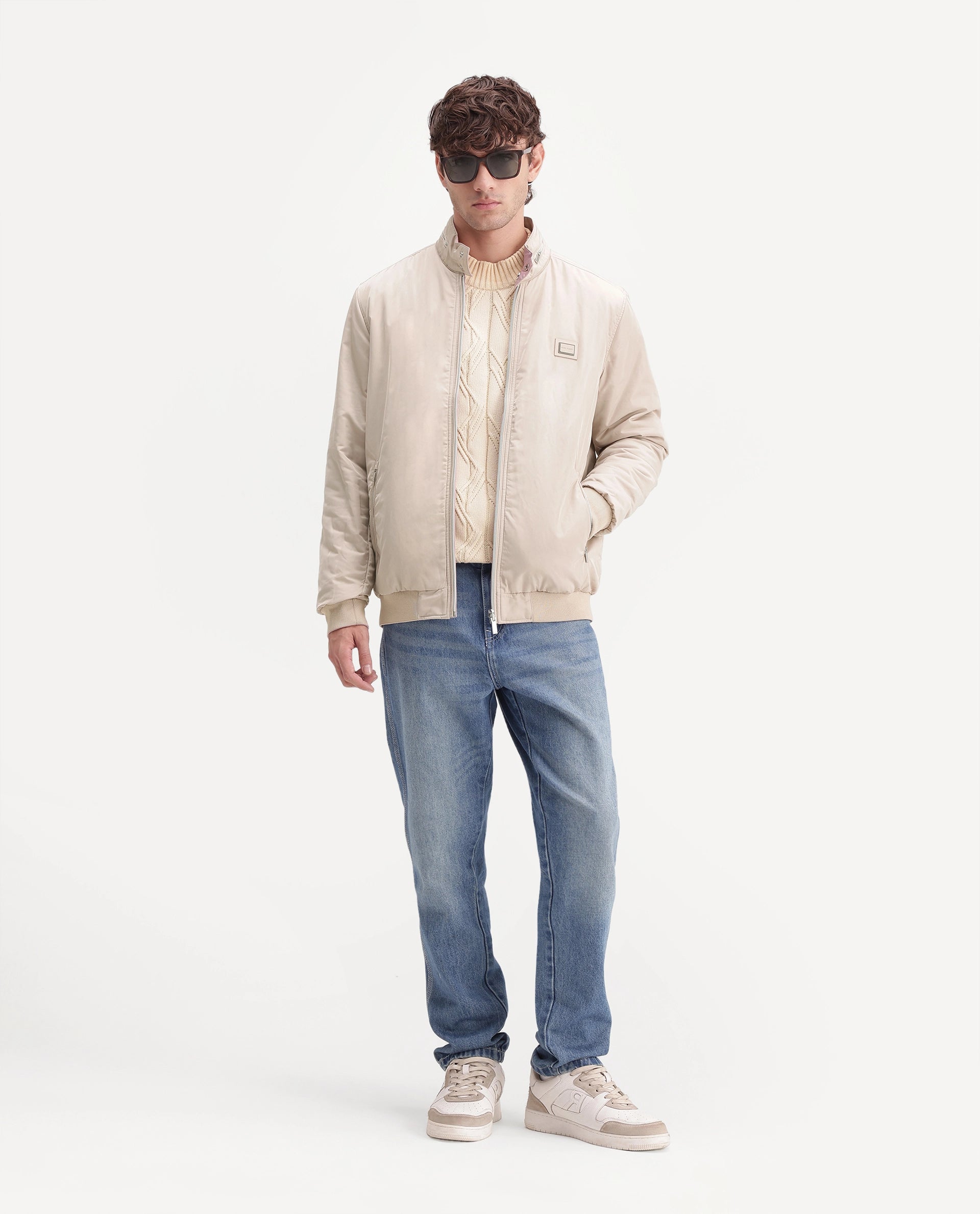 Rare Rabbit Men's Royban-26 Primary Beige Polyester High Neck Regular Plain Jacket